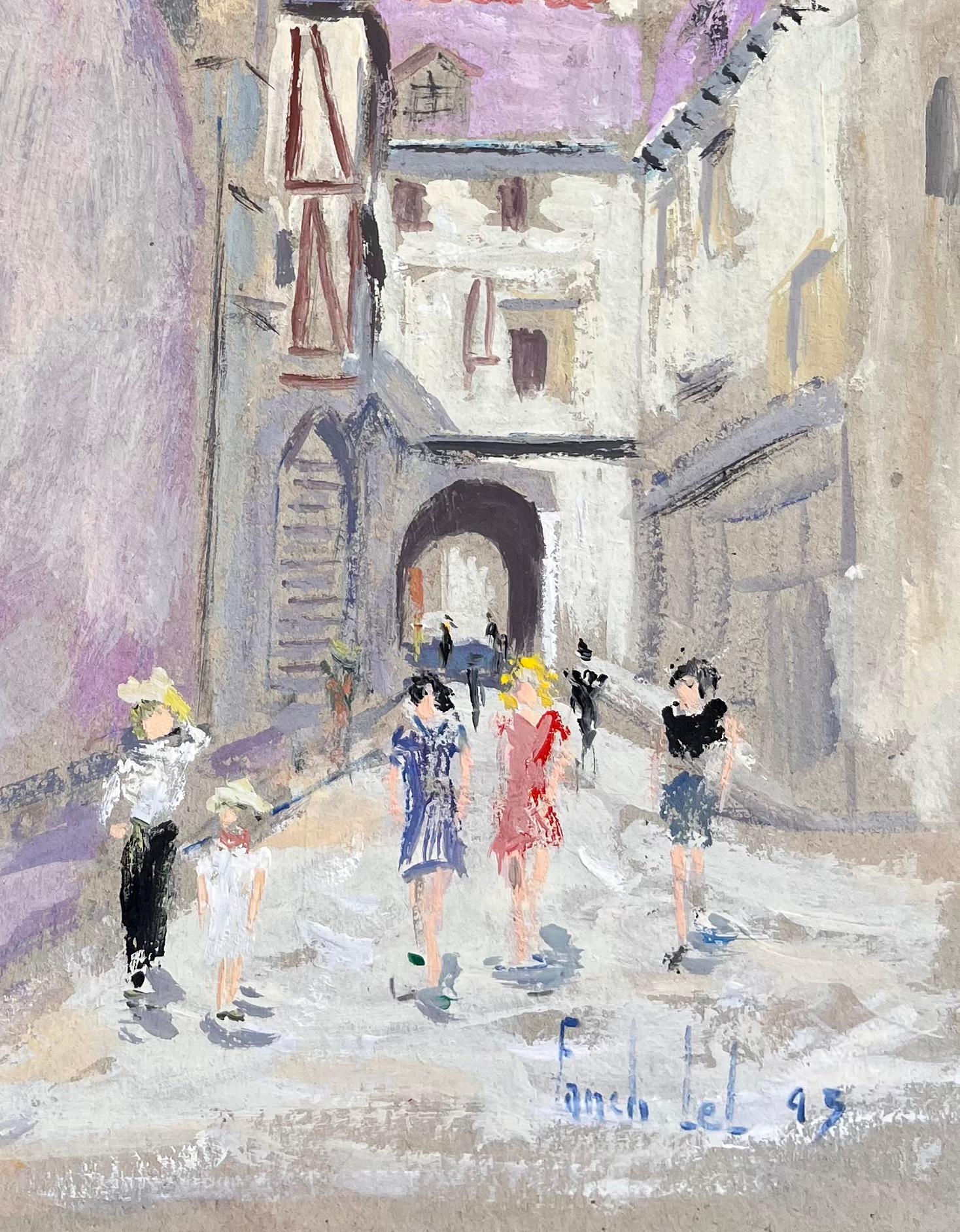 Scène de rue impressionniste du Mont Saint Michel avec touristes et bâtiments - Impressionnisme Painting par Fanch Lel