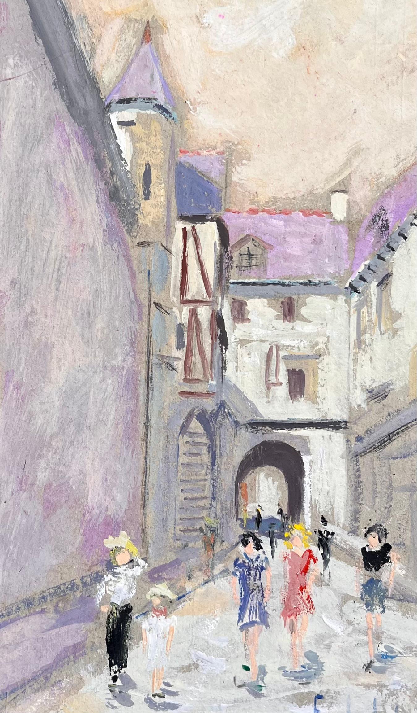 Scène de rue impressionniste du Mont Saint Michel avec touristes et bâtiments en vente 2