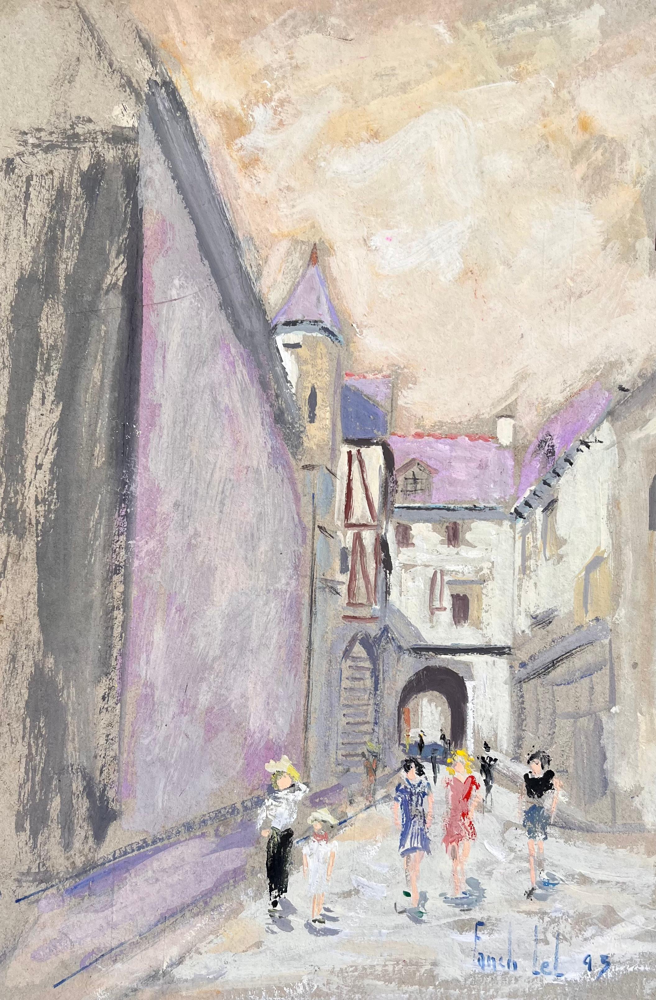 Abstract Painting Fanch Lel - Scène de rue impressionniste du Mont Saint Michel avec touristes et bâtiments