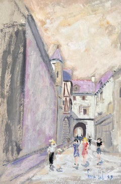 Impressionist Street Scene of Mont Saint Michel with Tourists and Buildings
