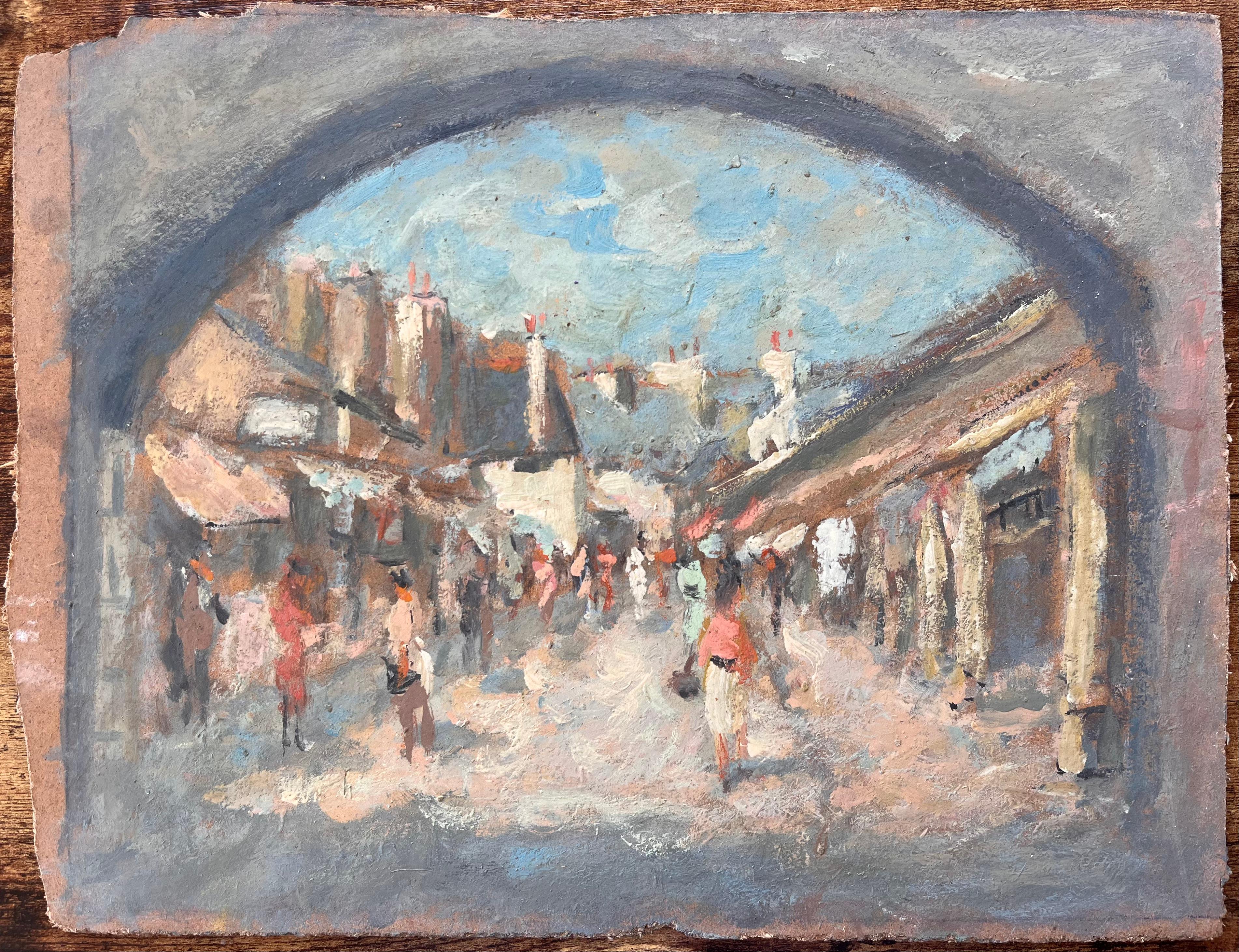 Impressionist Street Scene Viewed Through Archway with Figures and Market Awning - Painting by Fanch Lel