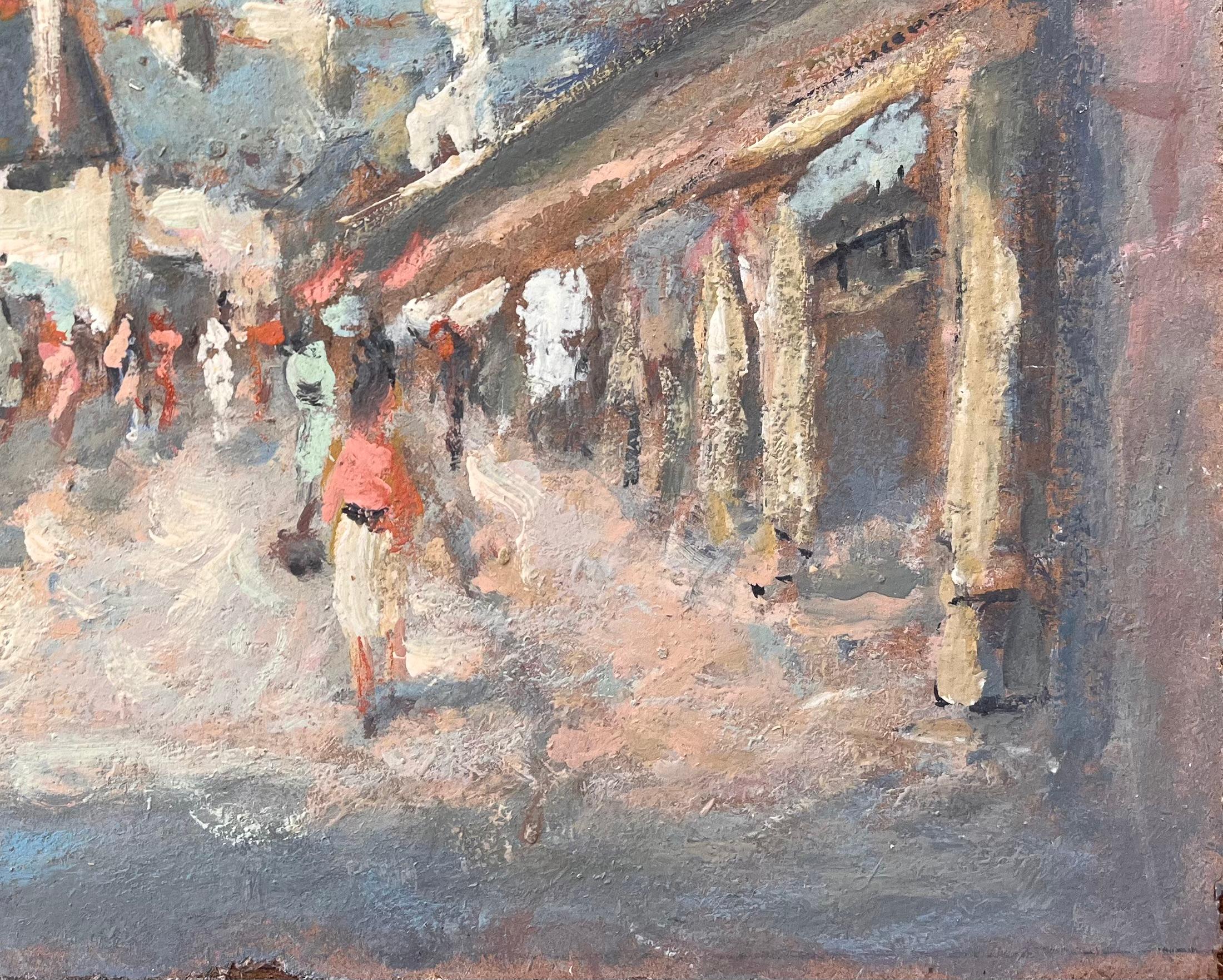 Impressionist Street Scene Viewed Through Archway with Figures and Market Awning - Gray Abstract Painting by Fanch Lel