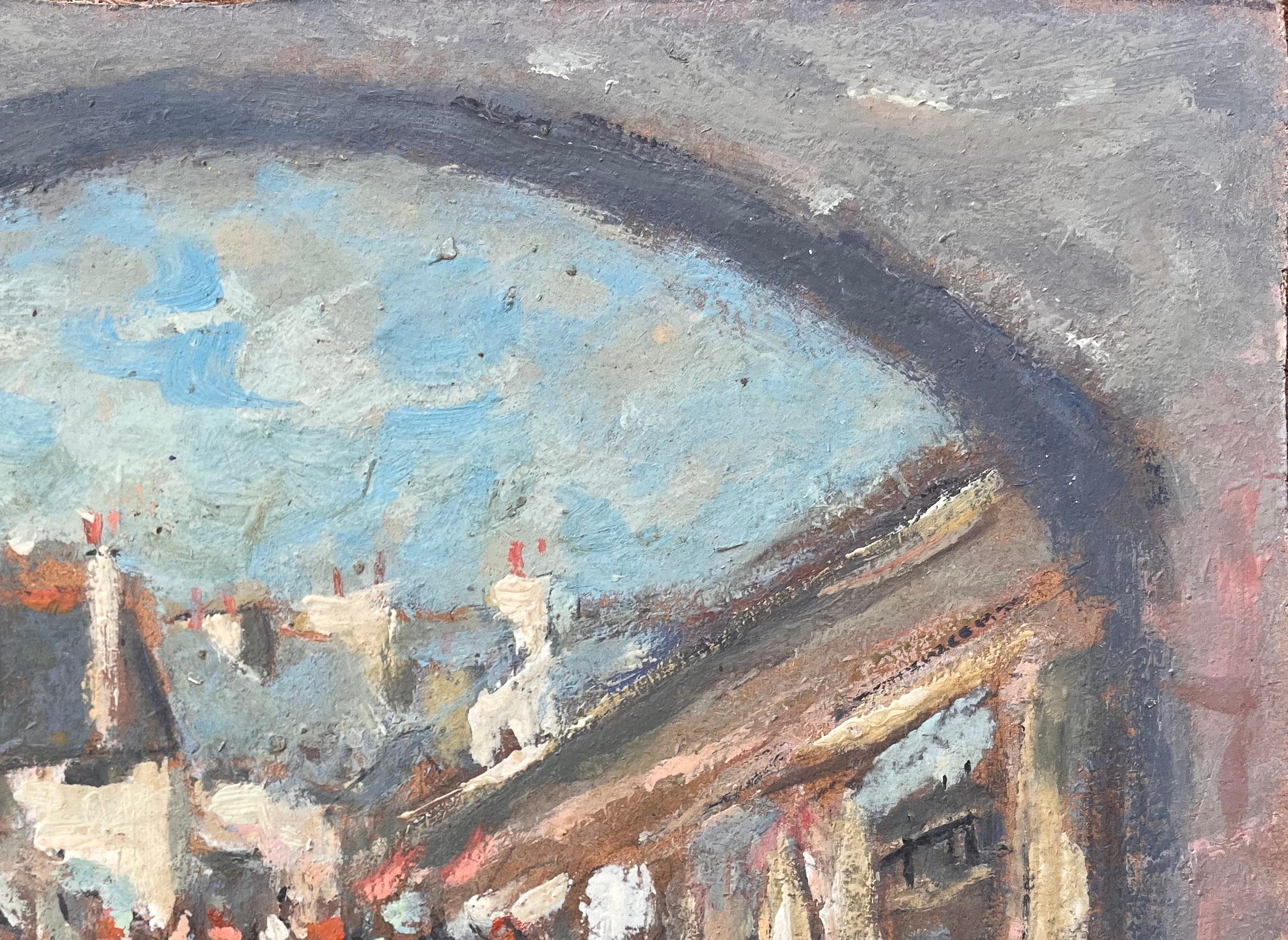 Title: Impressionist Street Scene Viewed Through Archway with Figures and Market Awnings
By Fanch Lel
Size: 11.25 x 14.5 inches (height x width)
Oil painting on board, unframed
Condition: The painting is in good condition with minor signs of wear