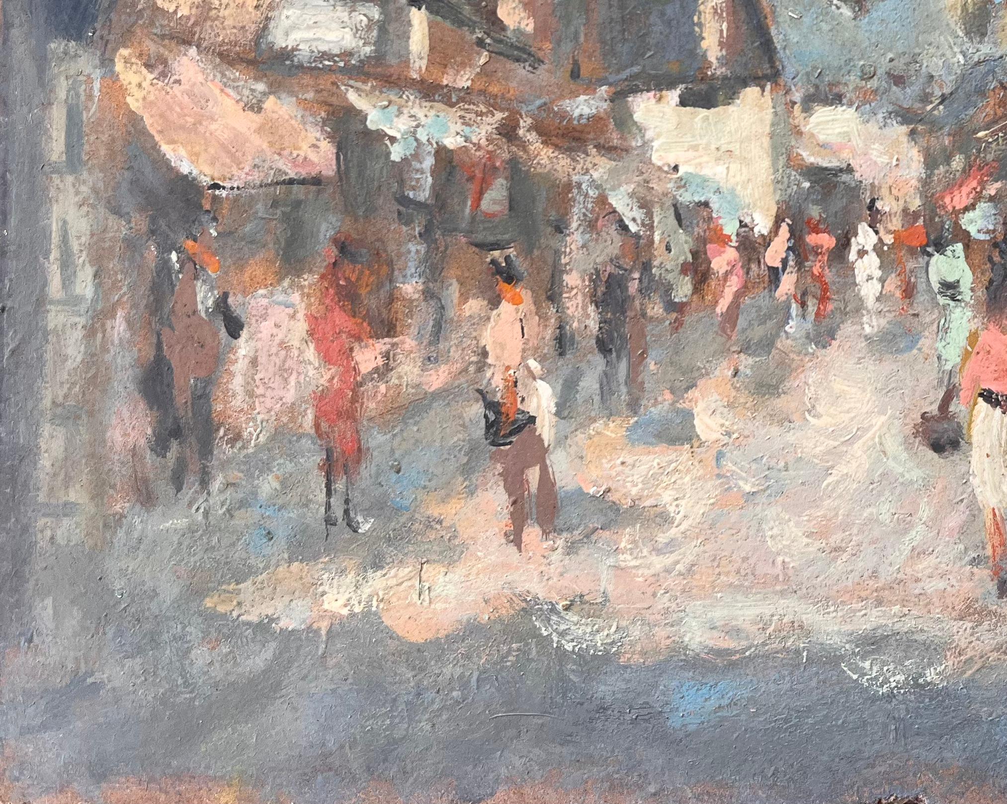 Impressionist Street Scene Viewed Through Archway with Figures and Market Awning For Sale 1