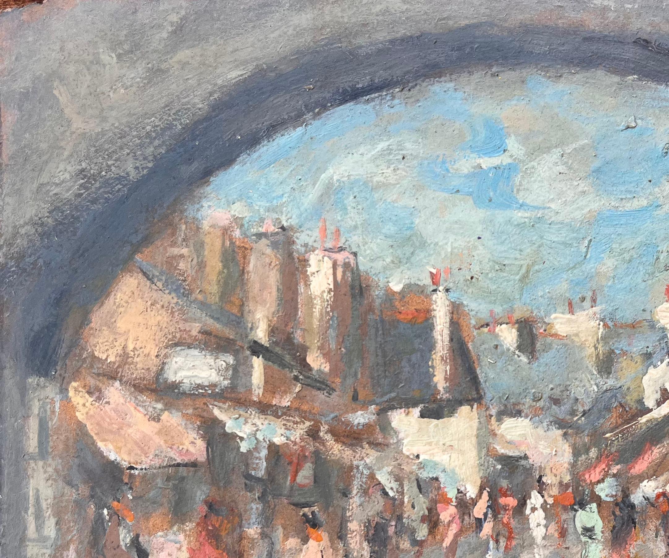 Impressionist Street Scene Viewed Through Archway with Figures and Market Awning For Sale 2