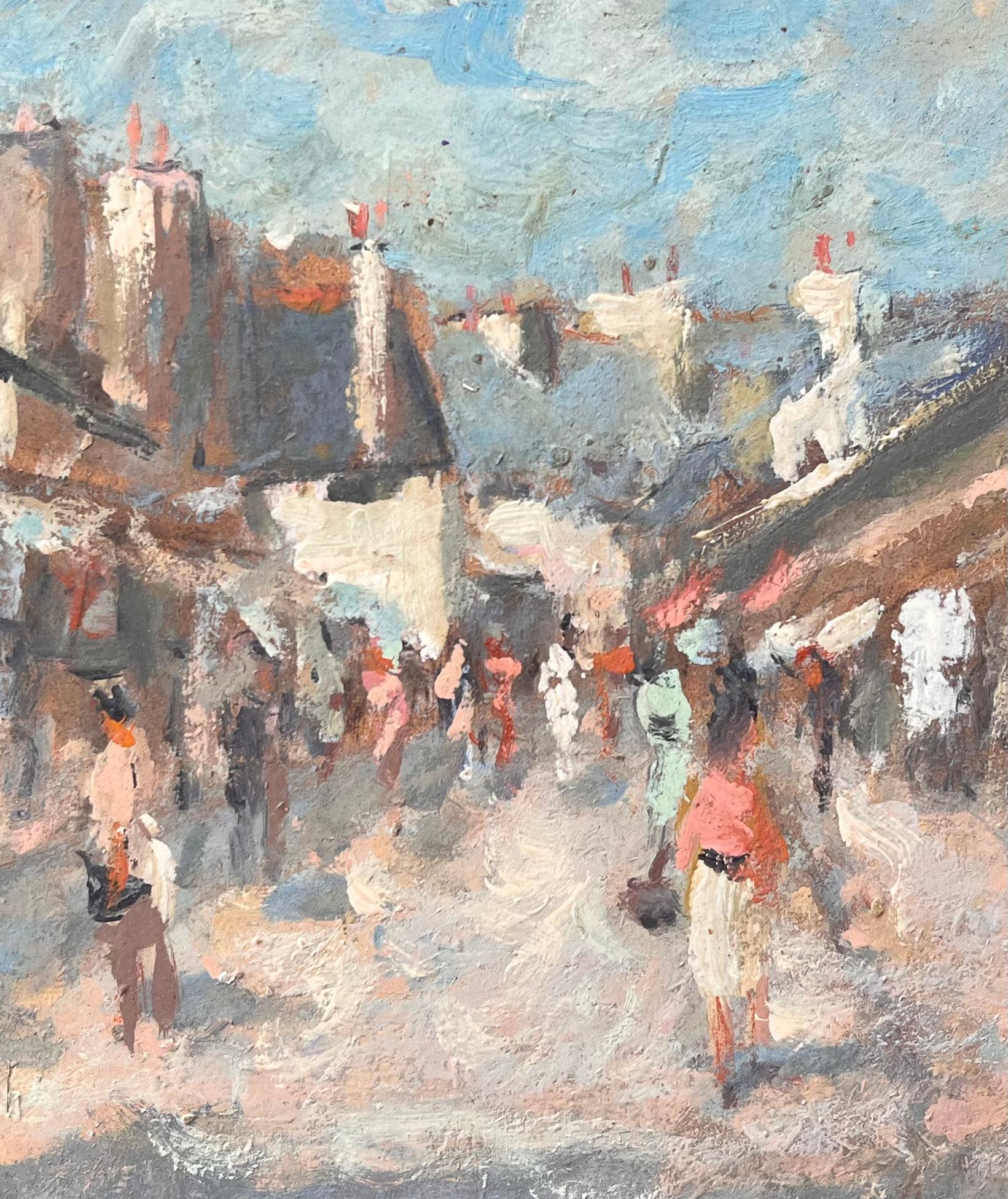 Impressionist Street Scene Viewed Through Archway with Figures and Market Awning For Sale 3