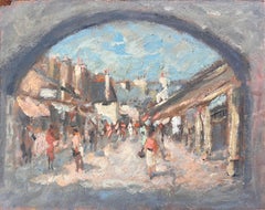 Vintage Impressionist Street Scene Viewed Through Archway with Figures and Market Awning