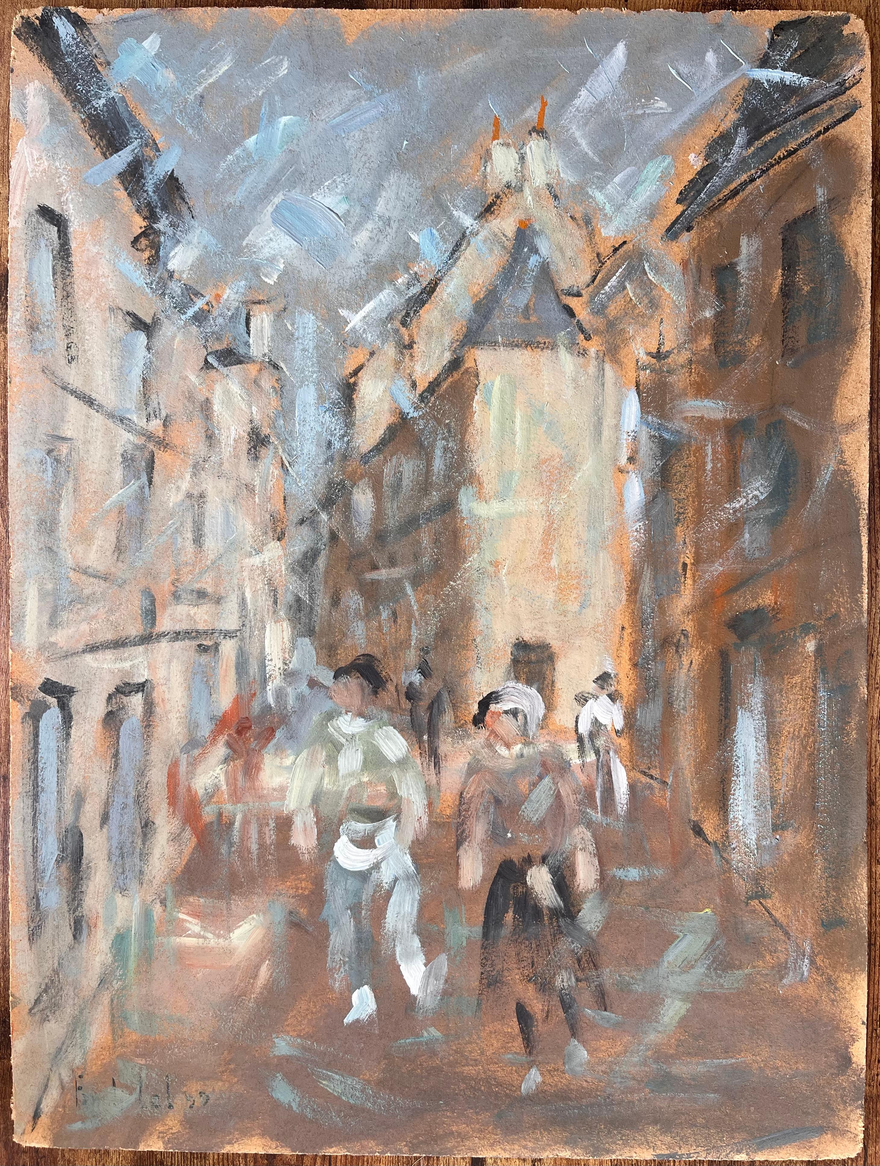 Impressionistische Straßenszene mit Figuren in Bewegung in einer historischen europäischen Stadt – Painting von Fanch Lel