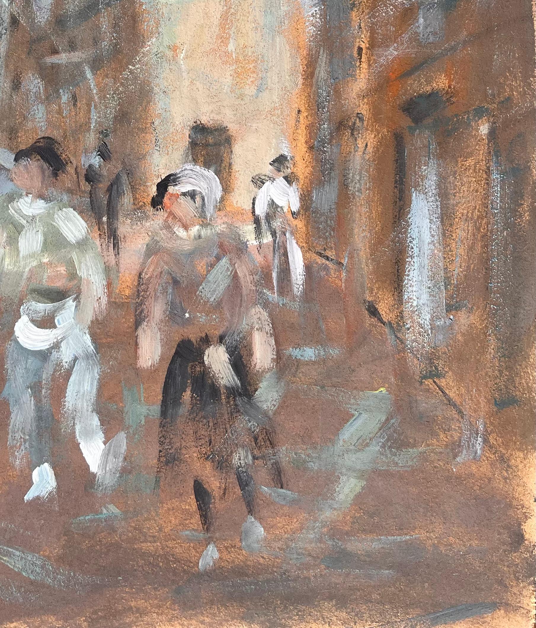 Impressionistische Straßenszene mit Figuren in Bewegung in einer historischen europäischen Stadt (Impressionismus), Painting, von Fanch Lel