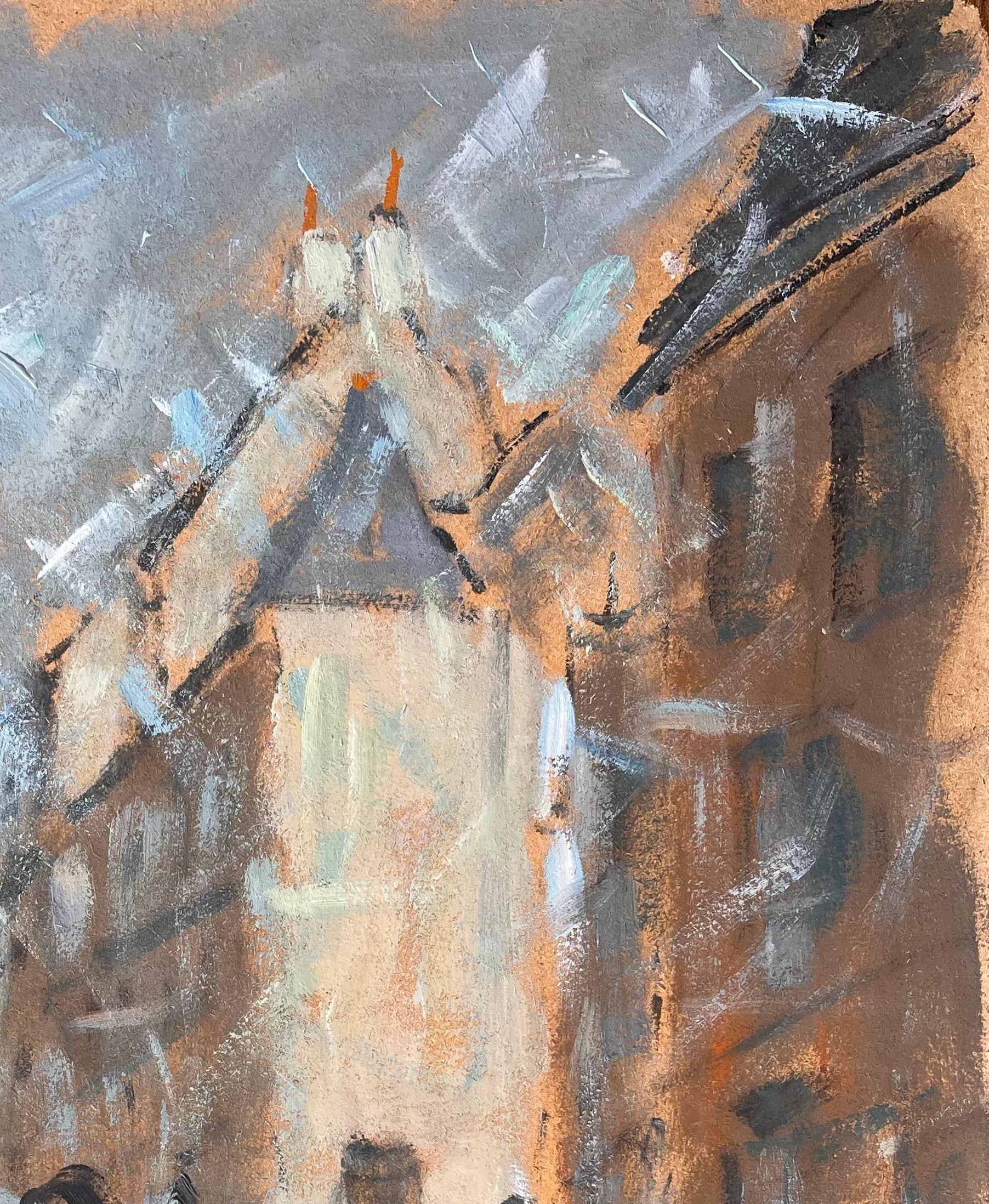 Impressionistische Straßenszene mit Figuren in Bewegung in einer historischen europäischen Stadt im Angebot 1