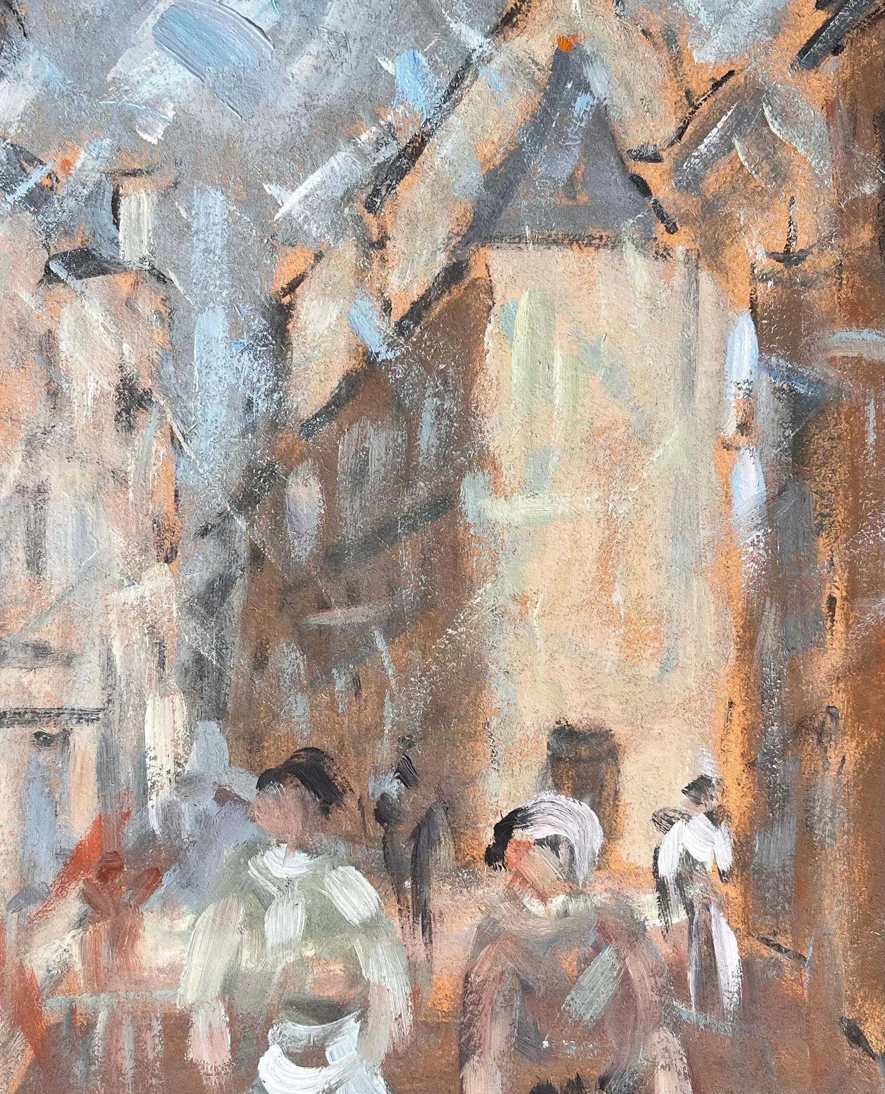 Impressionistische Straßenszene mit Figuren in Bewegung in einer historischen europäischen Stadt im Angebot 2