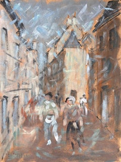 Impressionist Street Scene with Figures in Motion in a Historic European Town