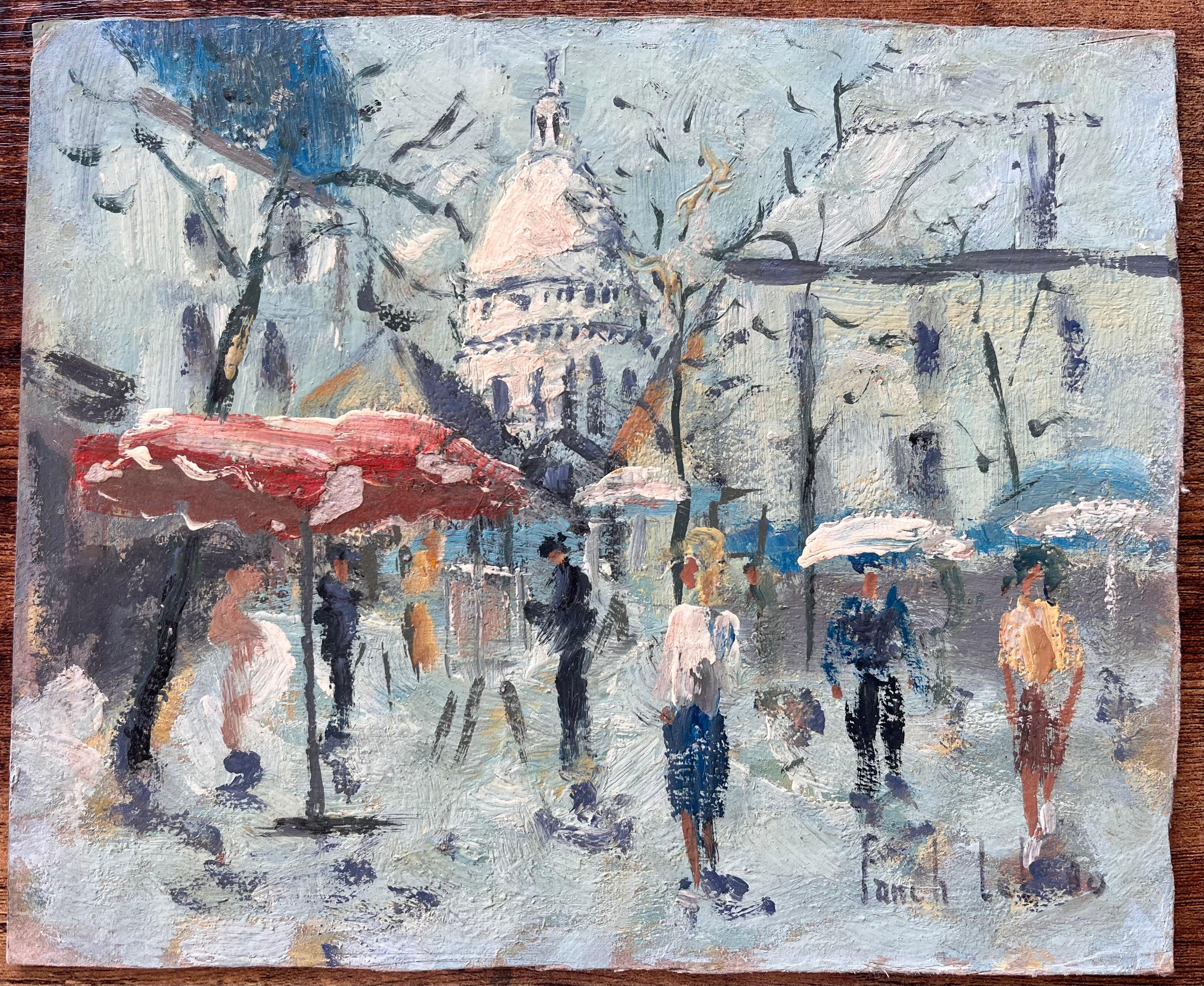 Impressionistische Marktszene im Sonnenlicht am Fuße der Sacré-Cœur in Montmartre – Painting von Fanch Lel
