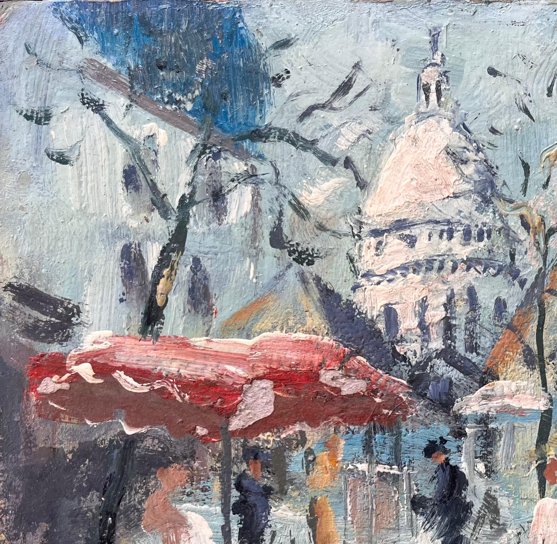 Impressionistische Marktszene im Sonnenlicht am Fuße der Sacré-Cœur in Montmartre (Impressionismus), Painting, von Fanch Lel