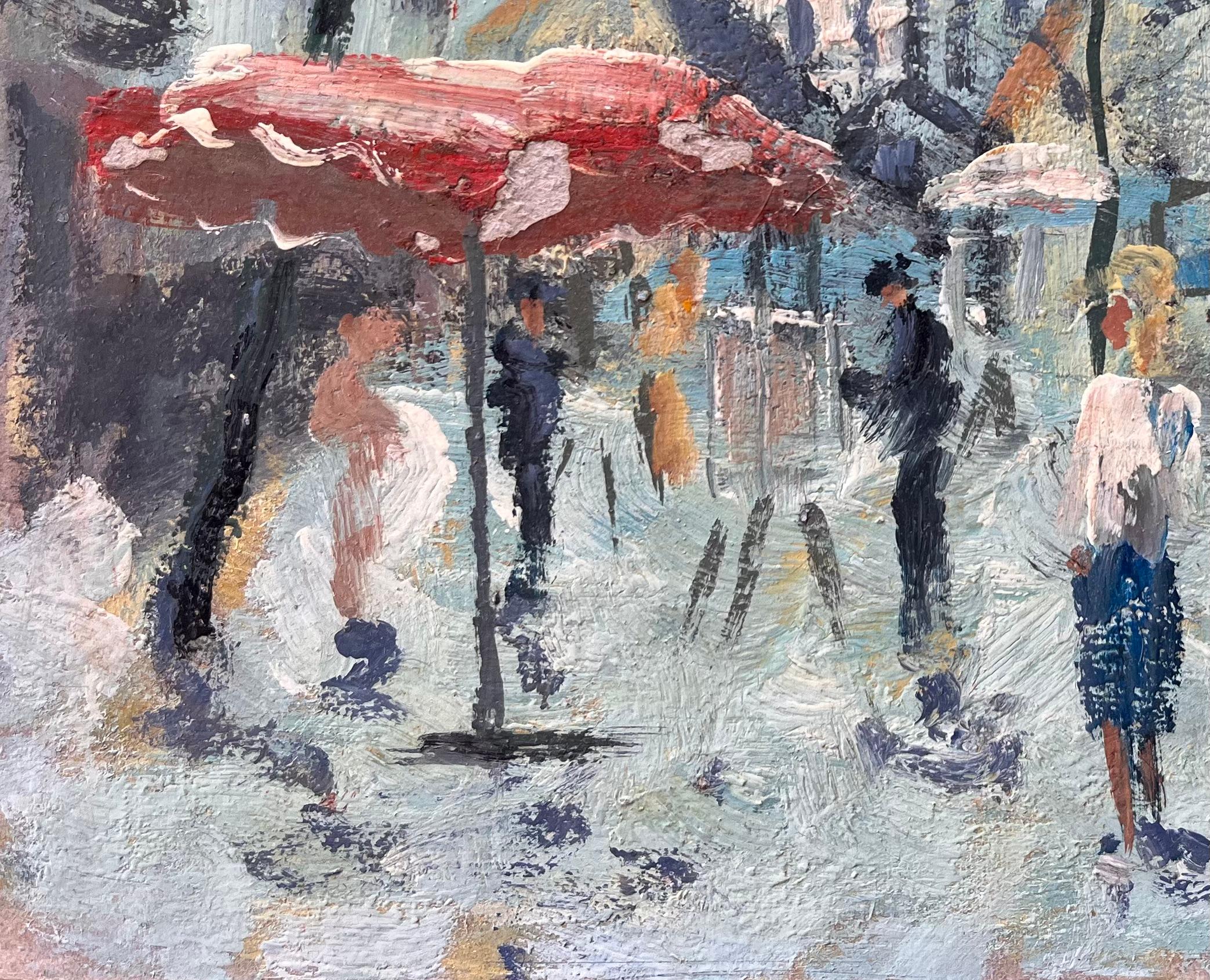 Impressionistische Marktszene im Sonnenlicht am Fuße der Sacré-Cœur in Montmartre (Grau), Landscape Painting, von Fanch Lel