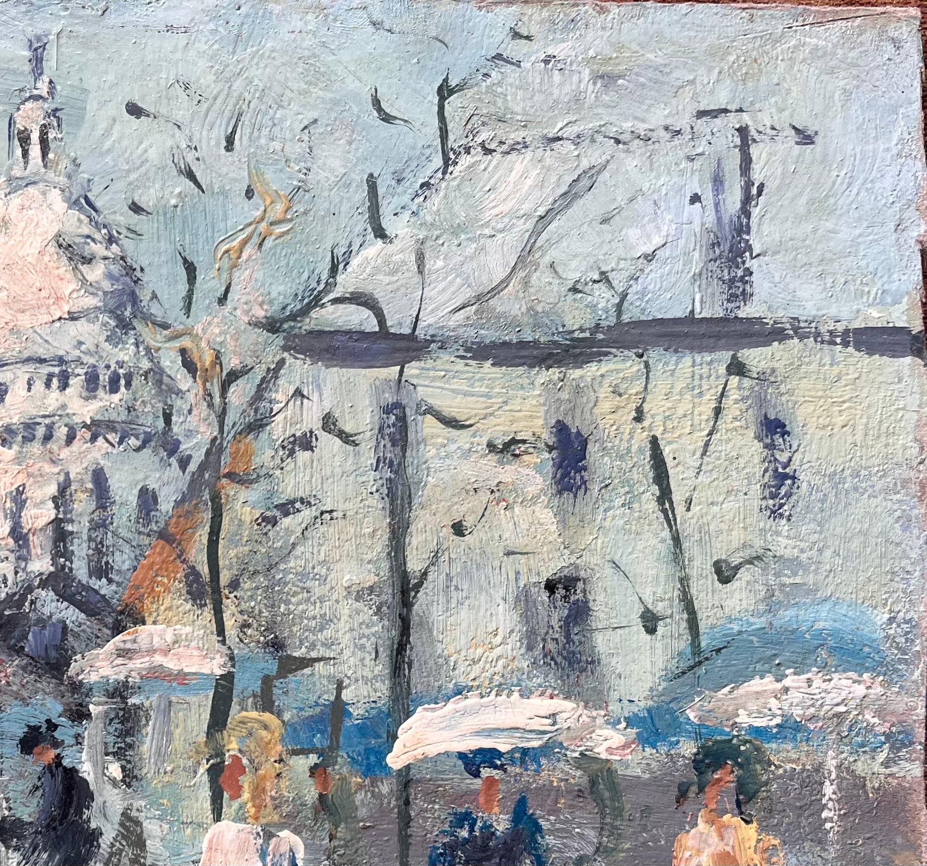 Titel: Impressionistische Marktszene im Sonnenlicht am Fuße der Sacré-Cœur auf dem Montmartre
von Fanch Lel
Unterzeichnet: ja
Größe: 8,75 Zoll (Höhe) x 10,75 Zoll (Breite)
Medium: Öl auf Karton, ungerahmt
Zustand: Das Gemälde ist in gutem Zustand