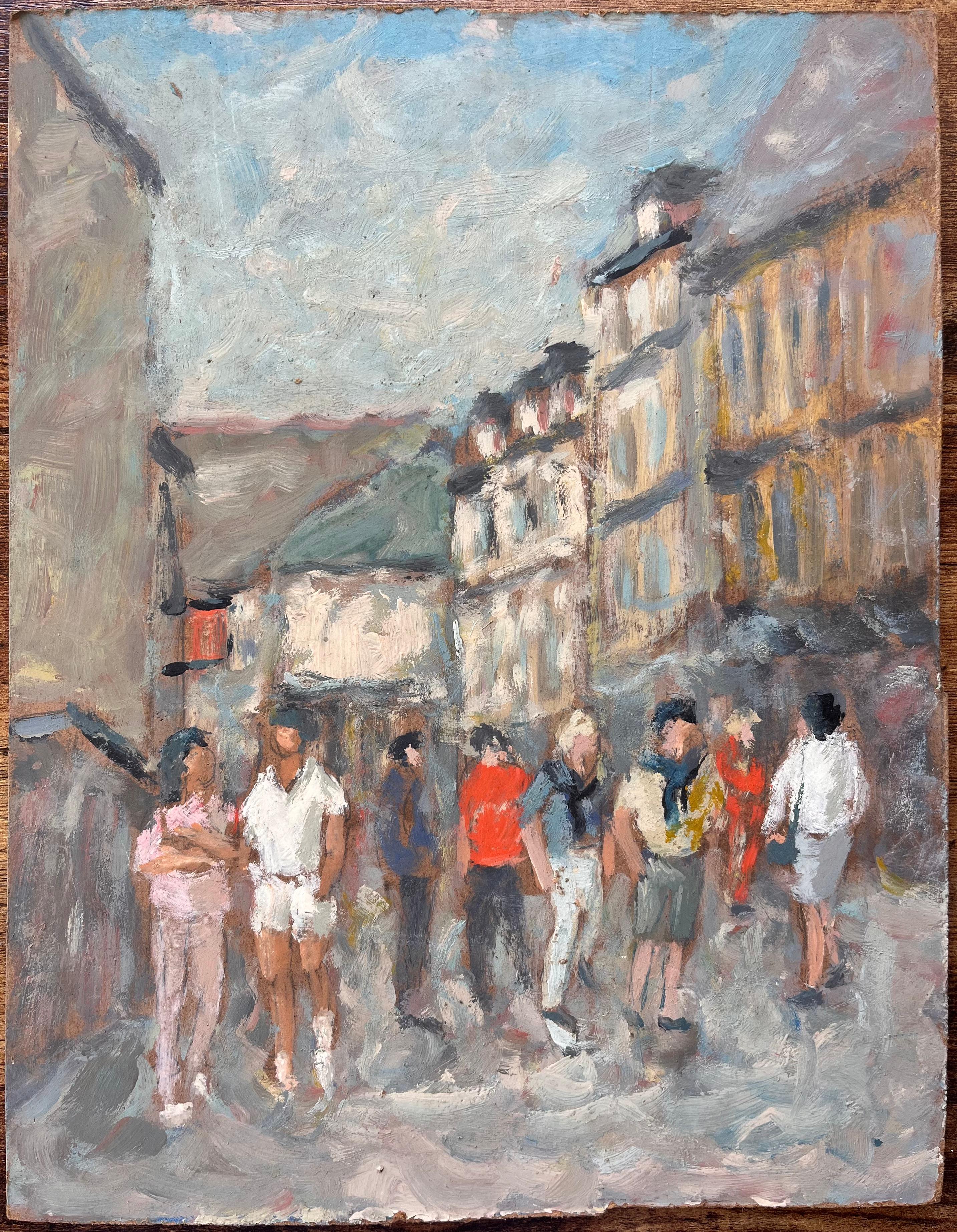 Impressionist Sunlit Street Scene with Figures in Conversation - Painting by Fanch Lel