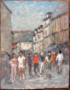 Impressionistische Straßenszene im Sonnenlicht mit Figuren im Gespräch