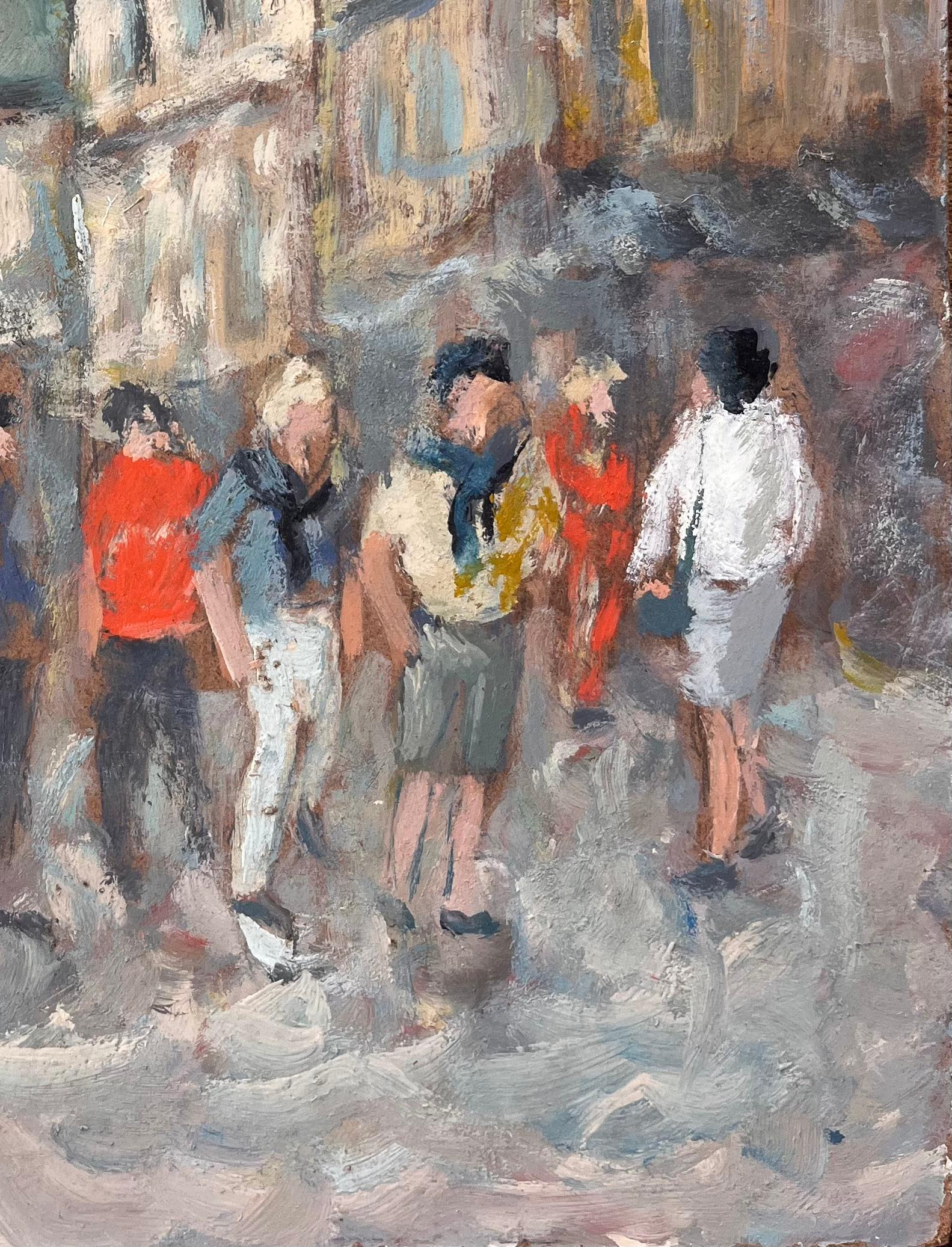 Impressionist Sunlit Street Scene with Figures in Conversation - Gray Landscape Painting by Fanch Lel