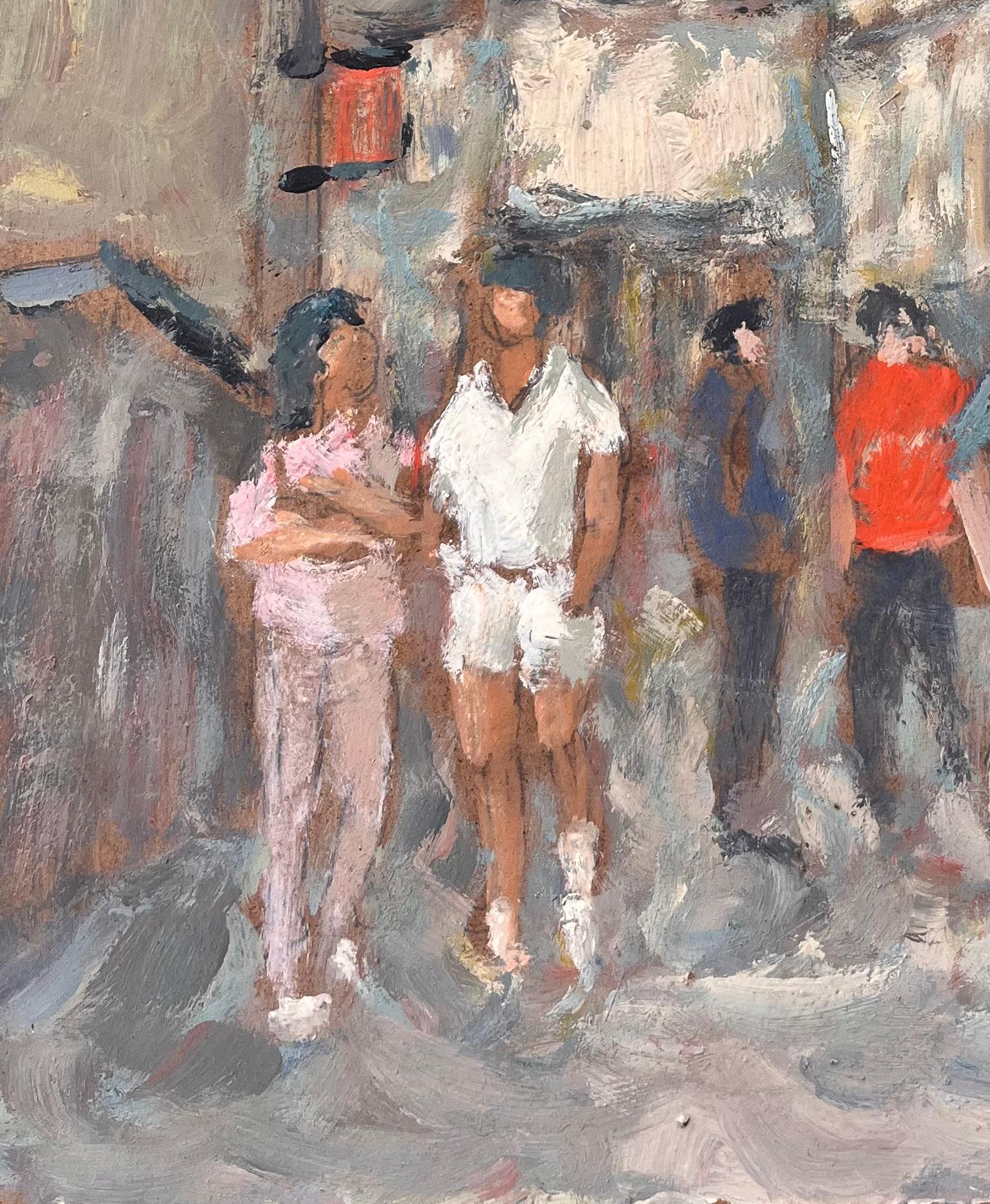 Title: Impressionist Sunlit Street Scene with Figures in Conversation
By Fanch Lel
Size: 13.75 x 10.75 inches (height x width)
Oil painting on board, unframed
Condition: The painting is in good condition with minor signs of wear and handling along