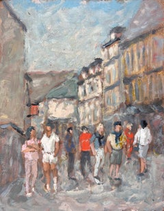 Scena impressionista di strada illuminata dal sole con figure in conversazione