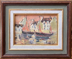 Impressionist Sunset Harbour Scene with Sailboats and Reflections in France