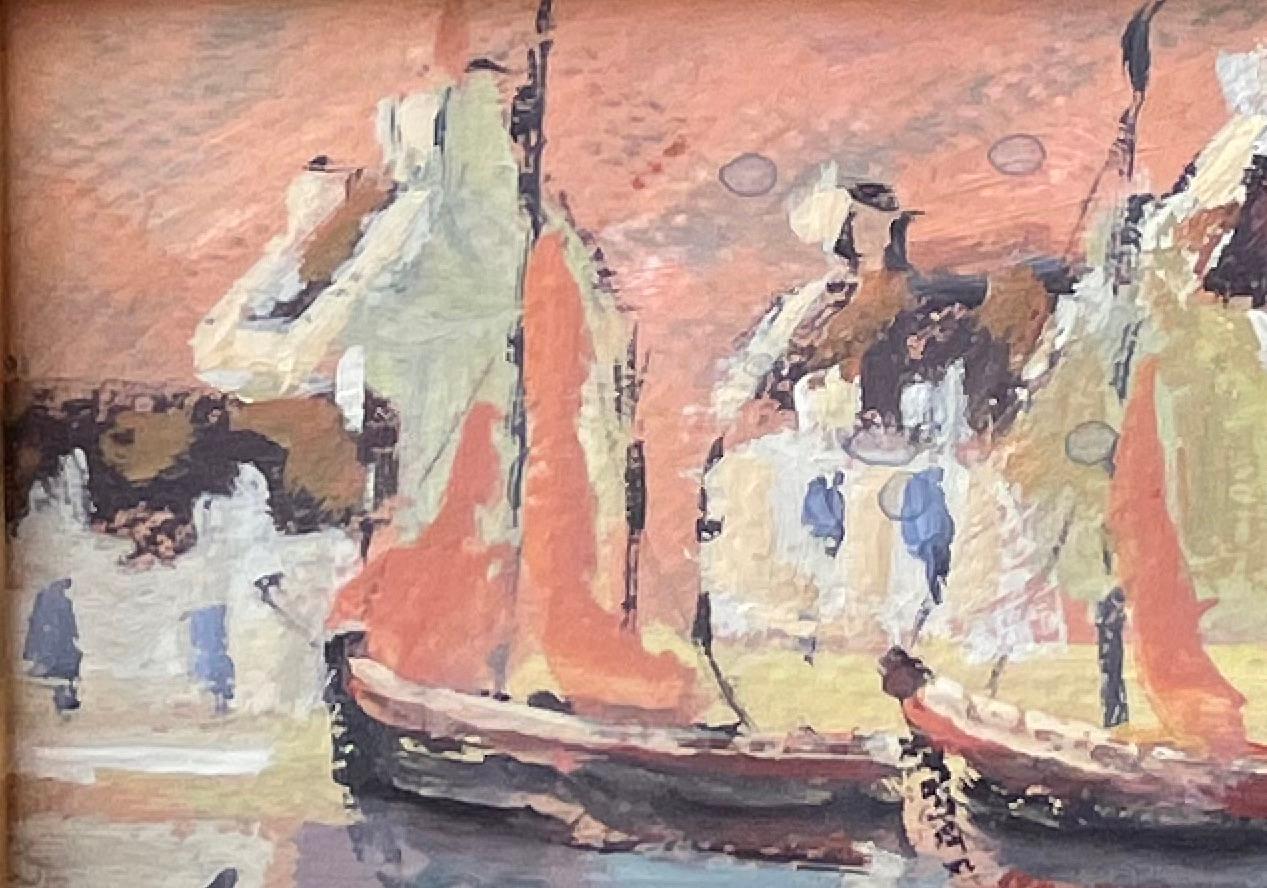 Impressionist Sunset Harbour Scene with Sailboats and Reflections in France - Brown Landscape Painting by Fanch Lel