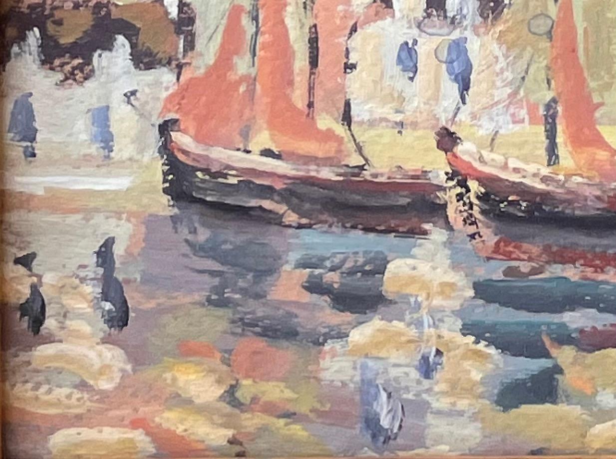Title: Impressionist Sunset Harbour Scene with Sailboats and Reflections in France
by Fanch Lel
Signed: Yes
Size: 8.25 inches (height) x 10 inches (width) (size excluding frame; 4.75 inches (height) x 6.25 inches (width))
Medium: Oil on board,