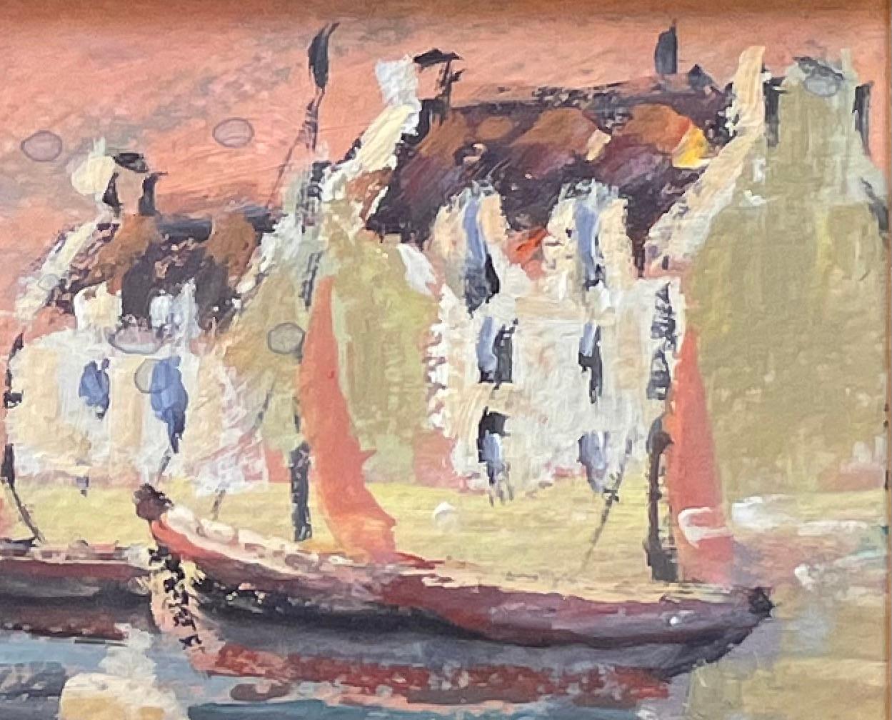 Impressionist Sunset Harbour Scene with Sailboats and Reflections in France For Sale 1
