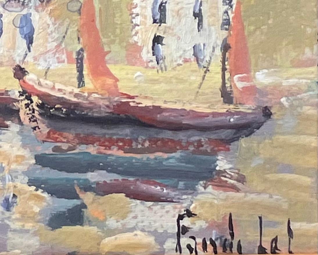 Impressionist Sunset Harbour Scene with Sailboats and Reflections in France For Sale 2