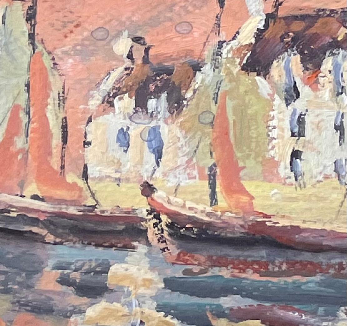 Impressionist Sunset Harbour Scene with Sailboats and Reflections in France For Sale 3