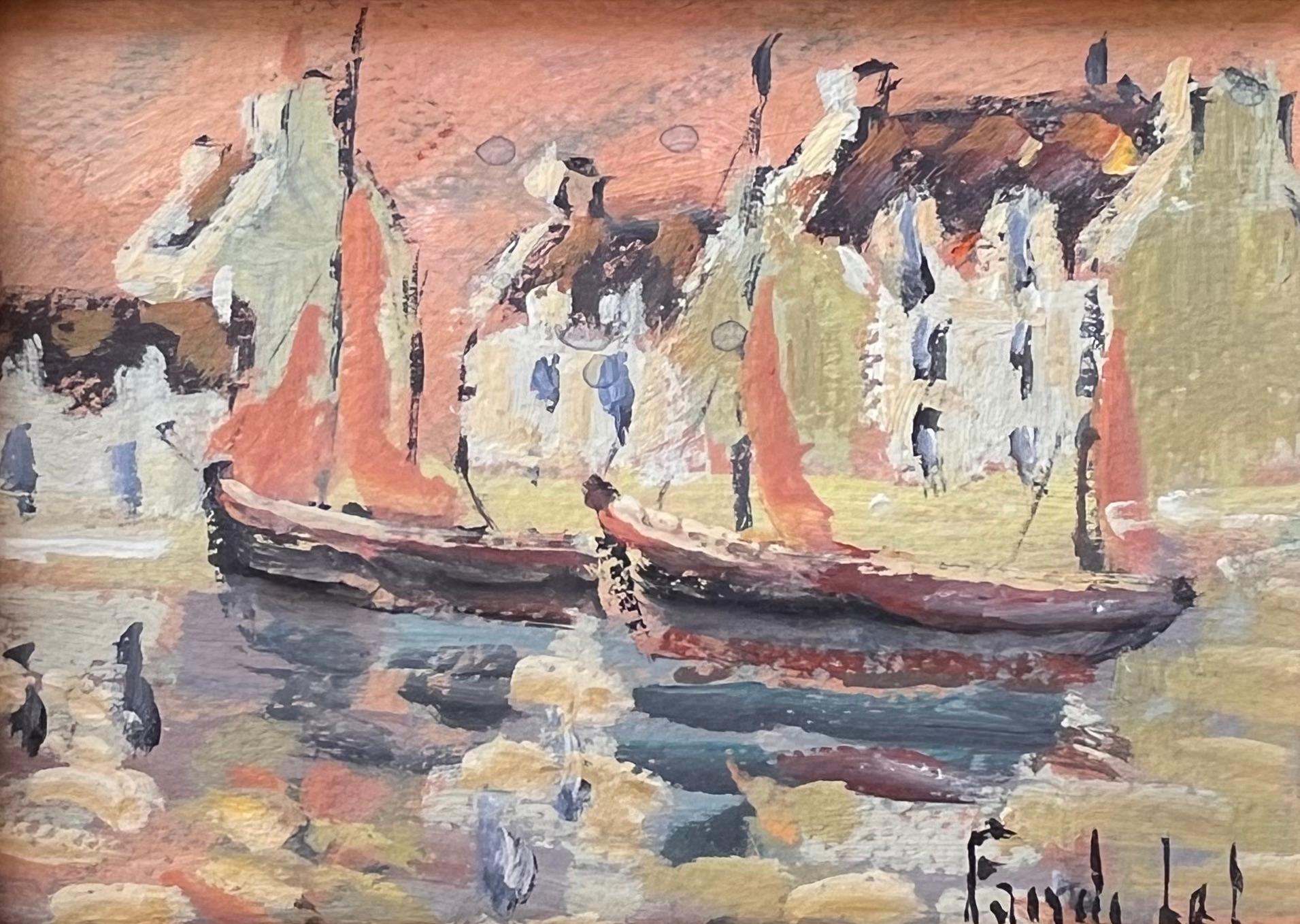 Impressionistische Hafenszene bei Sonnenuntergang mit Segelbooten und Spiegelungen in Frankreich