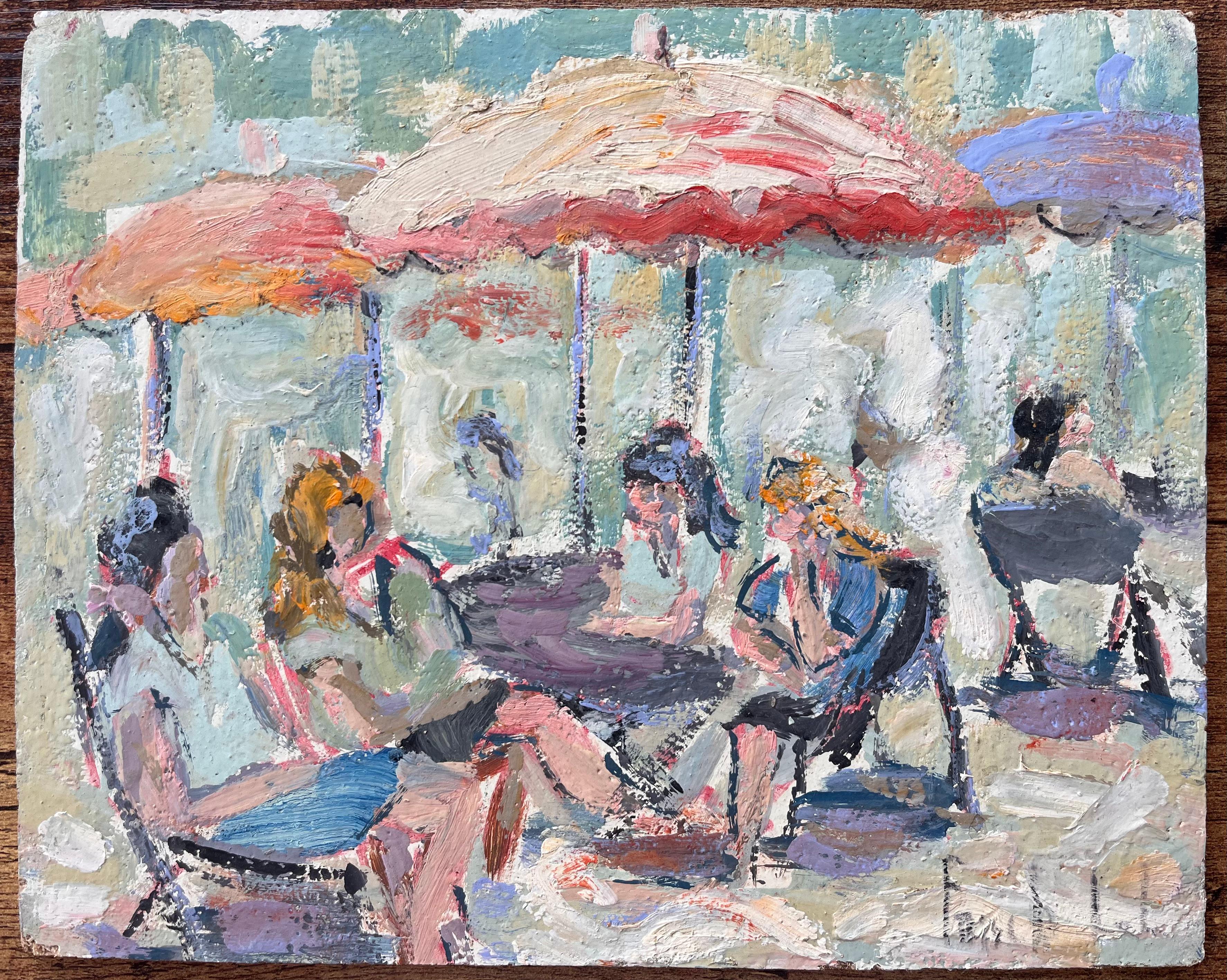 Scène impressionniste avec personnages et parasols dans un décor d'été - Painting de Fanch Lel