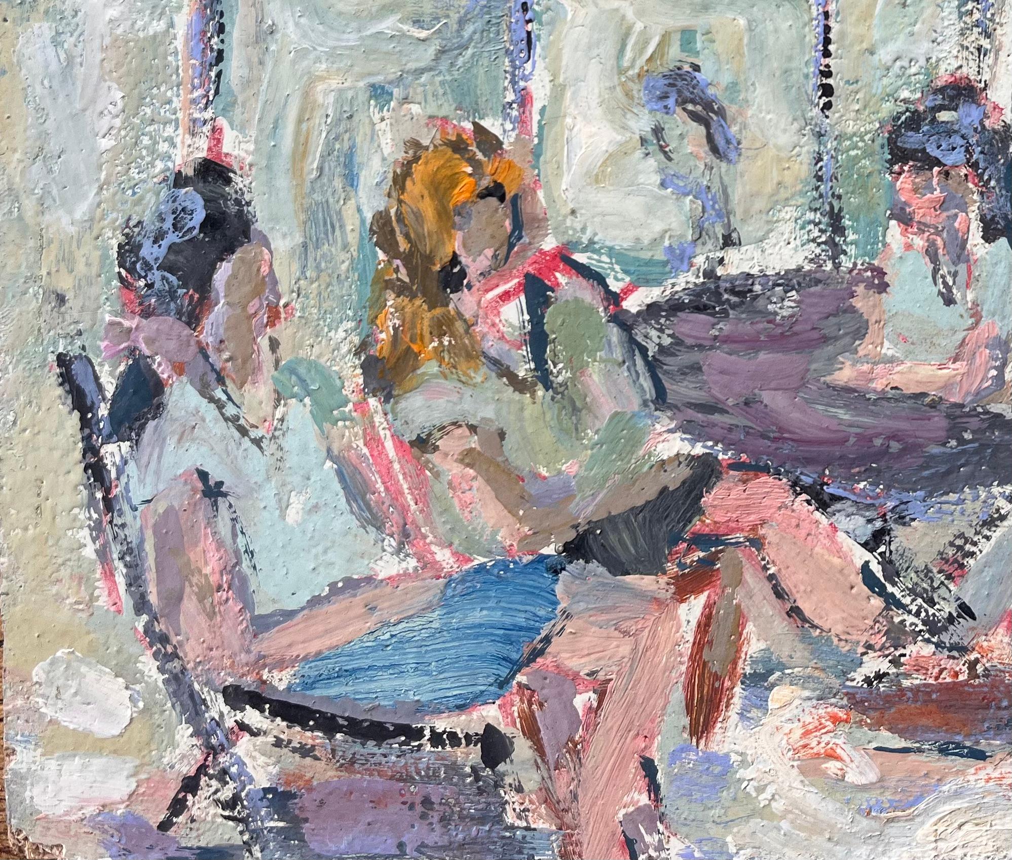 Scène impressionniste avec personnages et parasols dans un décor d'été - Impressionnisme Painting par Fanch Lel