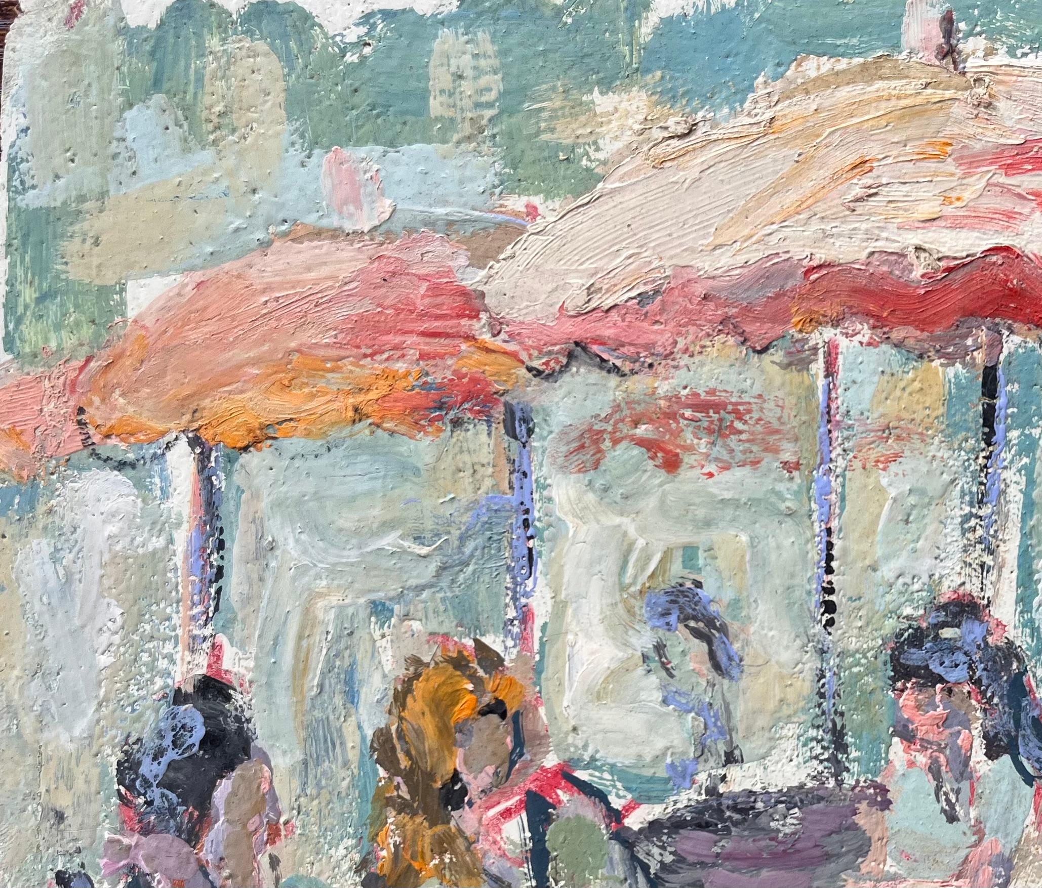 Scène impressionniste avec personnages et parasols dans un décor d'été - Gris Still-Life Painting par Fanch Lel