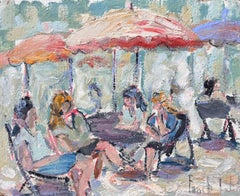 Scena impressionista di terrazza con figure e ombrelloni in un ambiente estivo