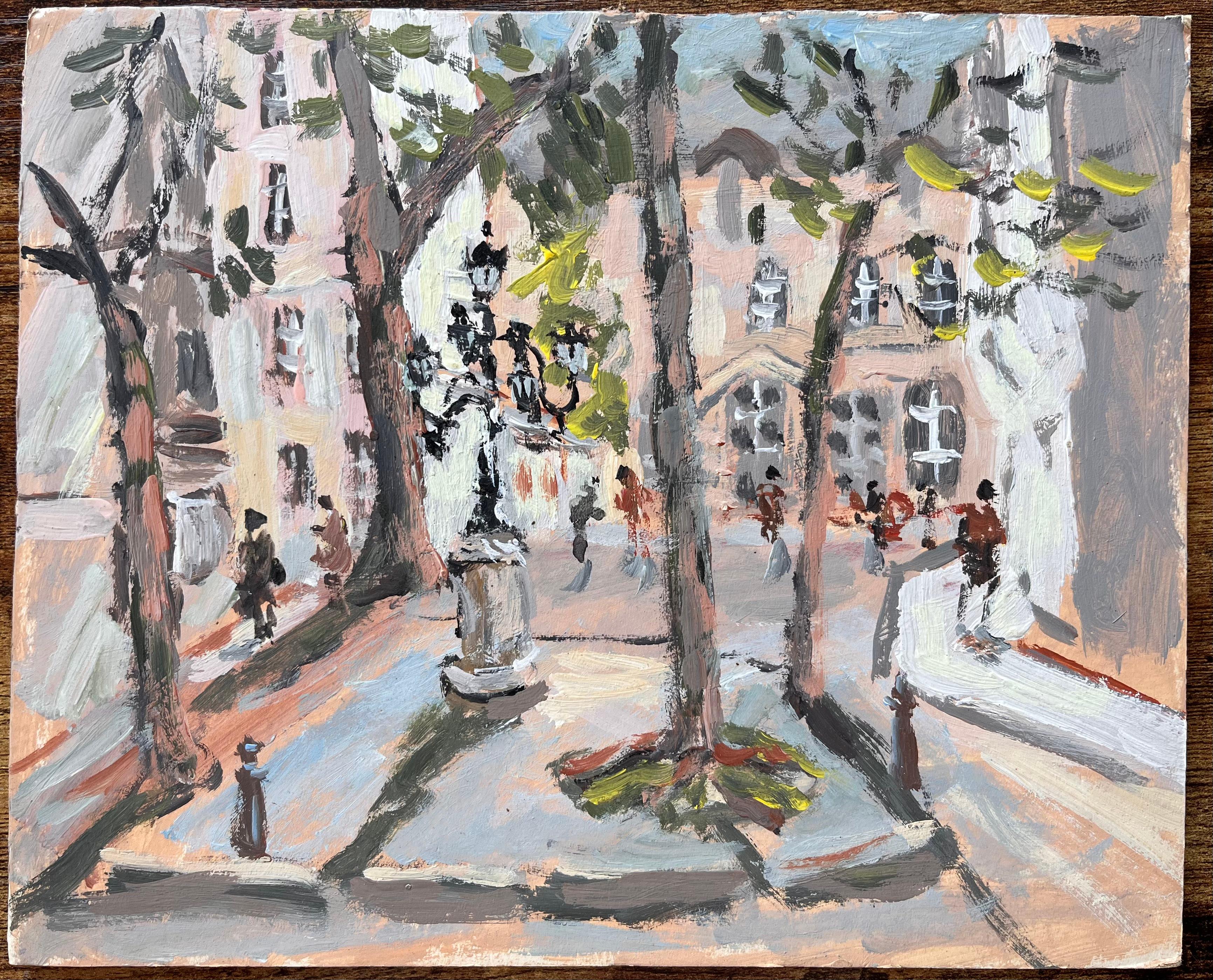 Impressionist Tree Lined Parisian Square with Pedestrians and Historic Facades - Painting by Fanch Lel