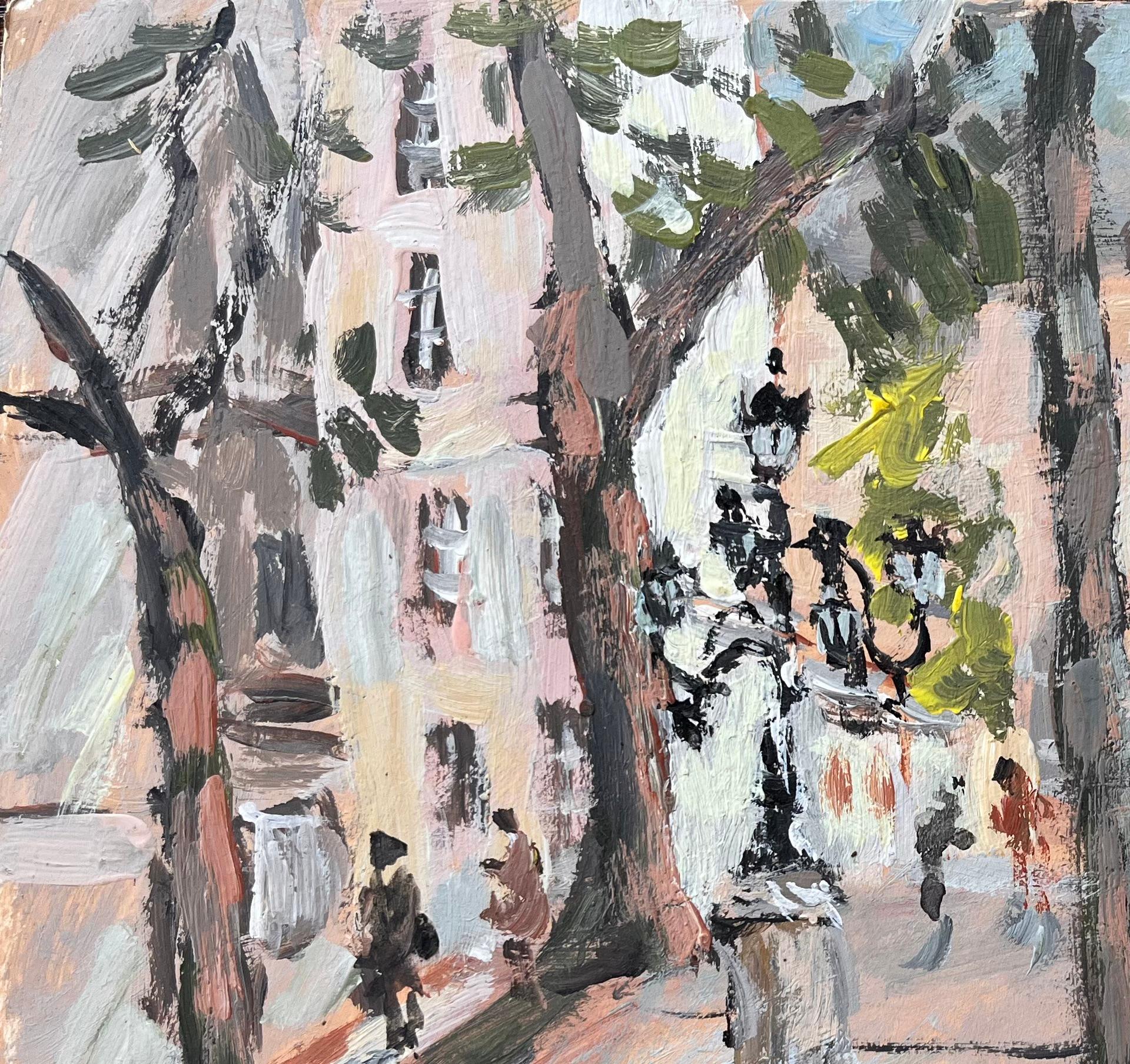 Impressionist Tree Lined Parisian Square with Pedestrians and Historic Facades - Gray Still-Life Painting by Fanch Lel