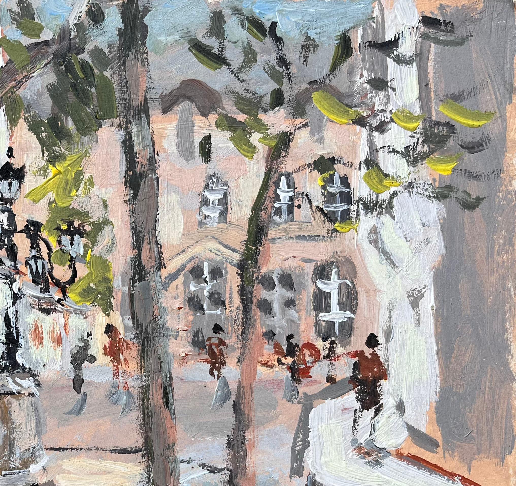 Impressionist Tree Lined Parisian Square with Pedestrians and Historic Facades For Sale 1