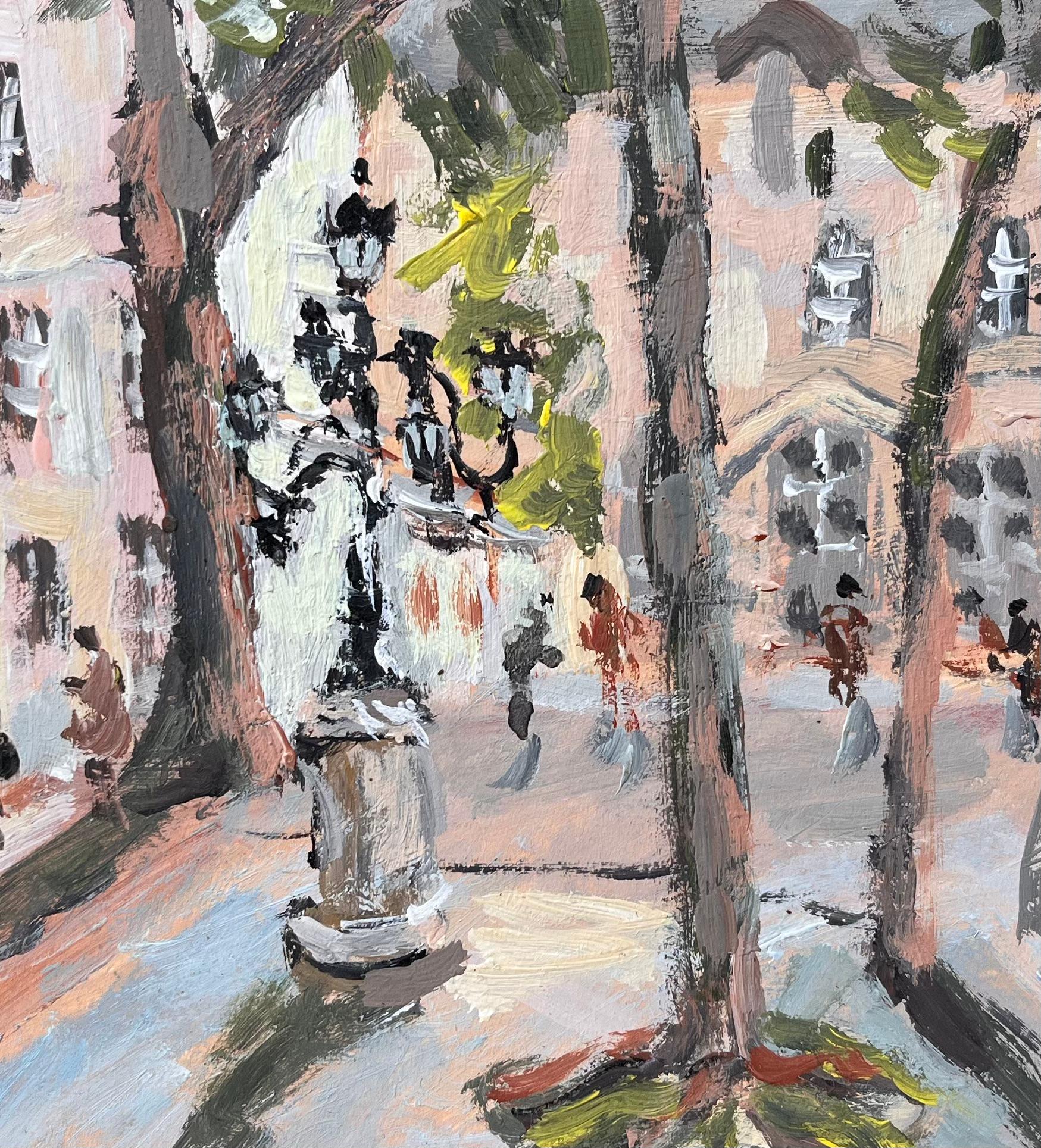Impressionist Tree Lined Parisian Square with Pedestrians and Historic Facades For Sale 3