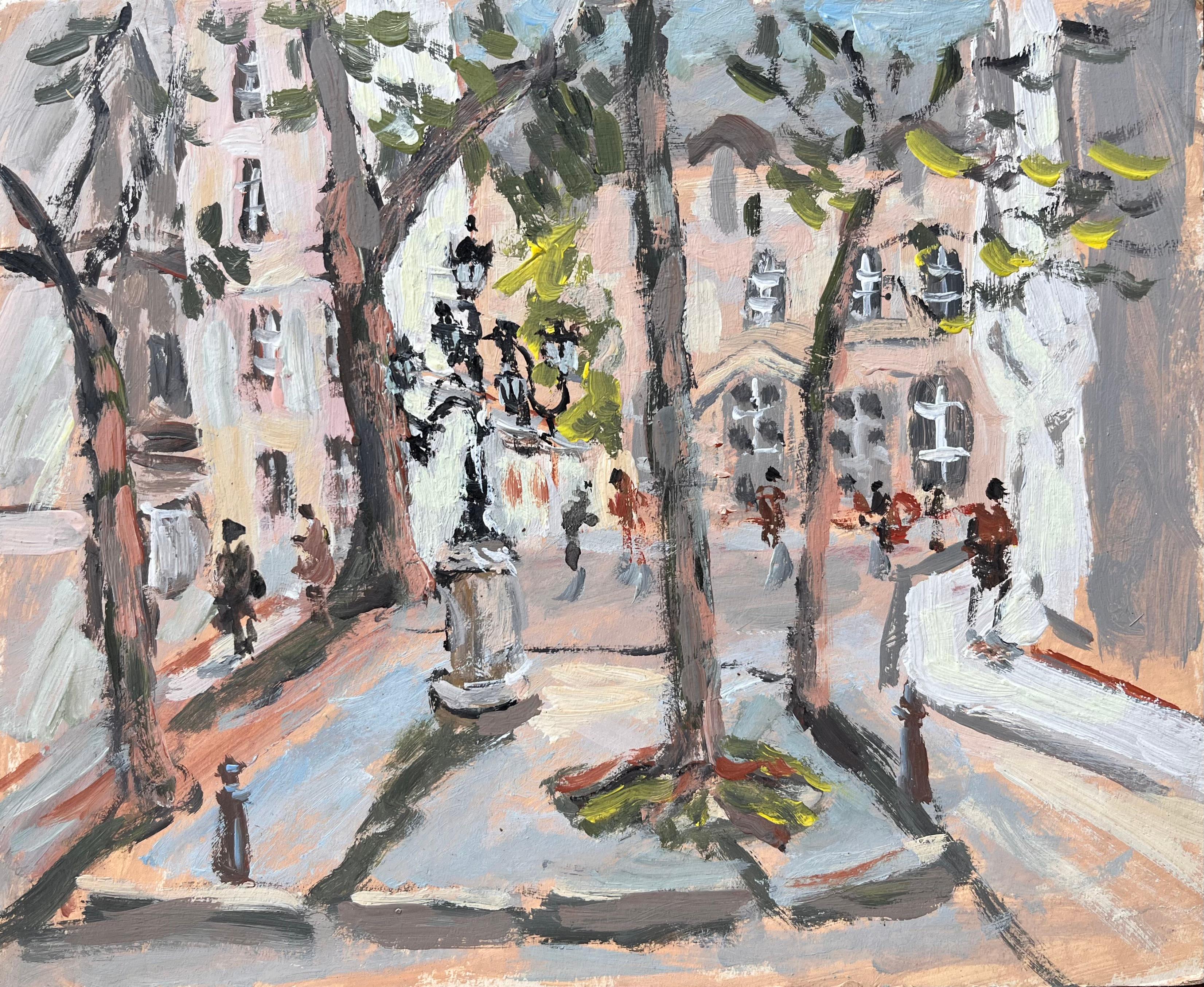 Fanch Lel Still-Life Painting - Impressionist Tree Lined Parisian Square with Pedestrians and Historic Facades
