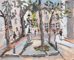 Impressionistischer, mit Bäumen gefütterter Pariser Square mit Fußgängern und historischen Fassaden