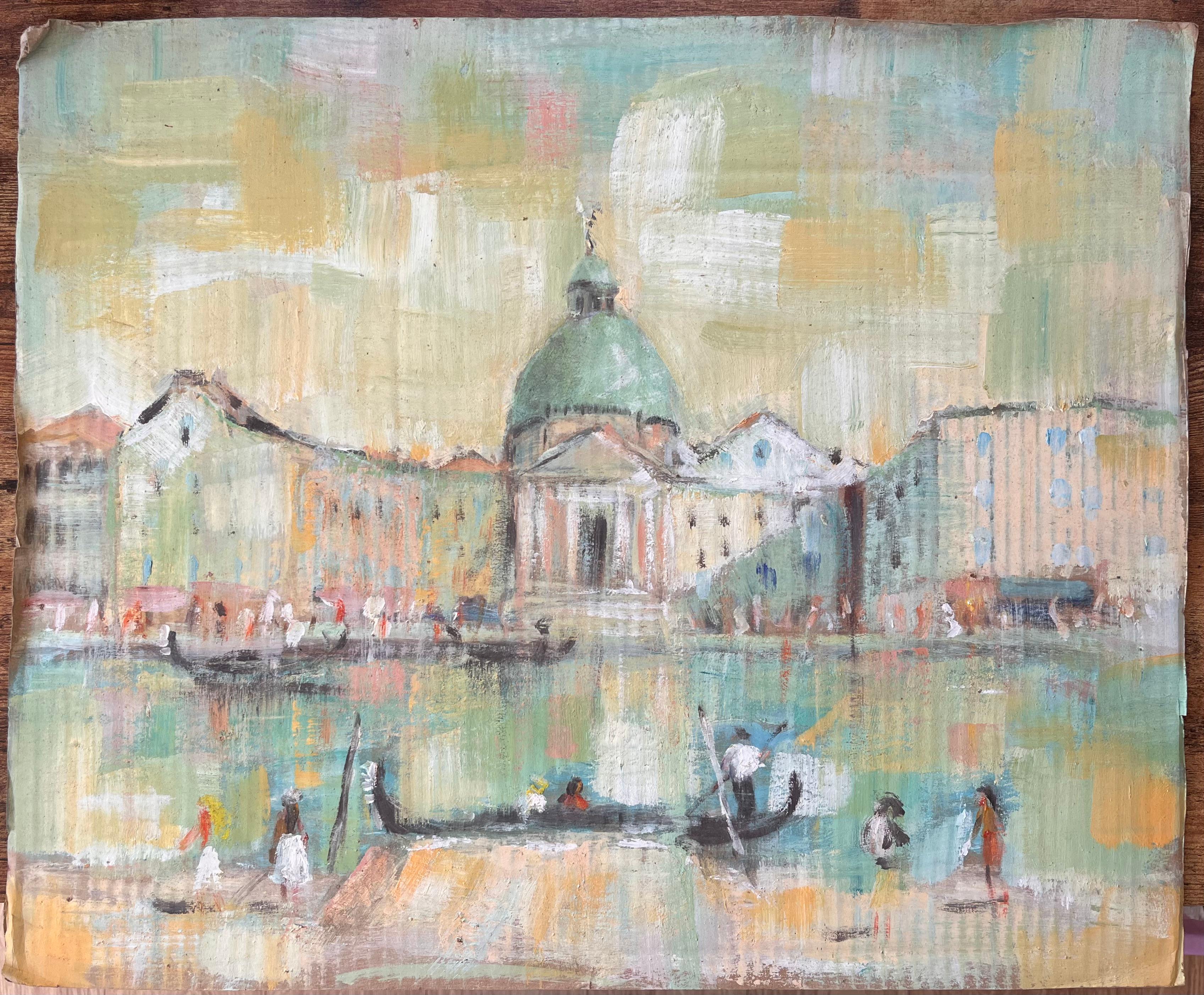 Impressionist Venetian Canal Scene with Gondolas and Basilica by Fanch Lel For Sale 1