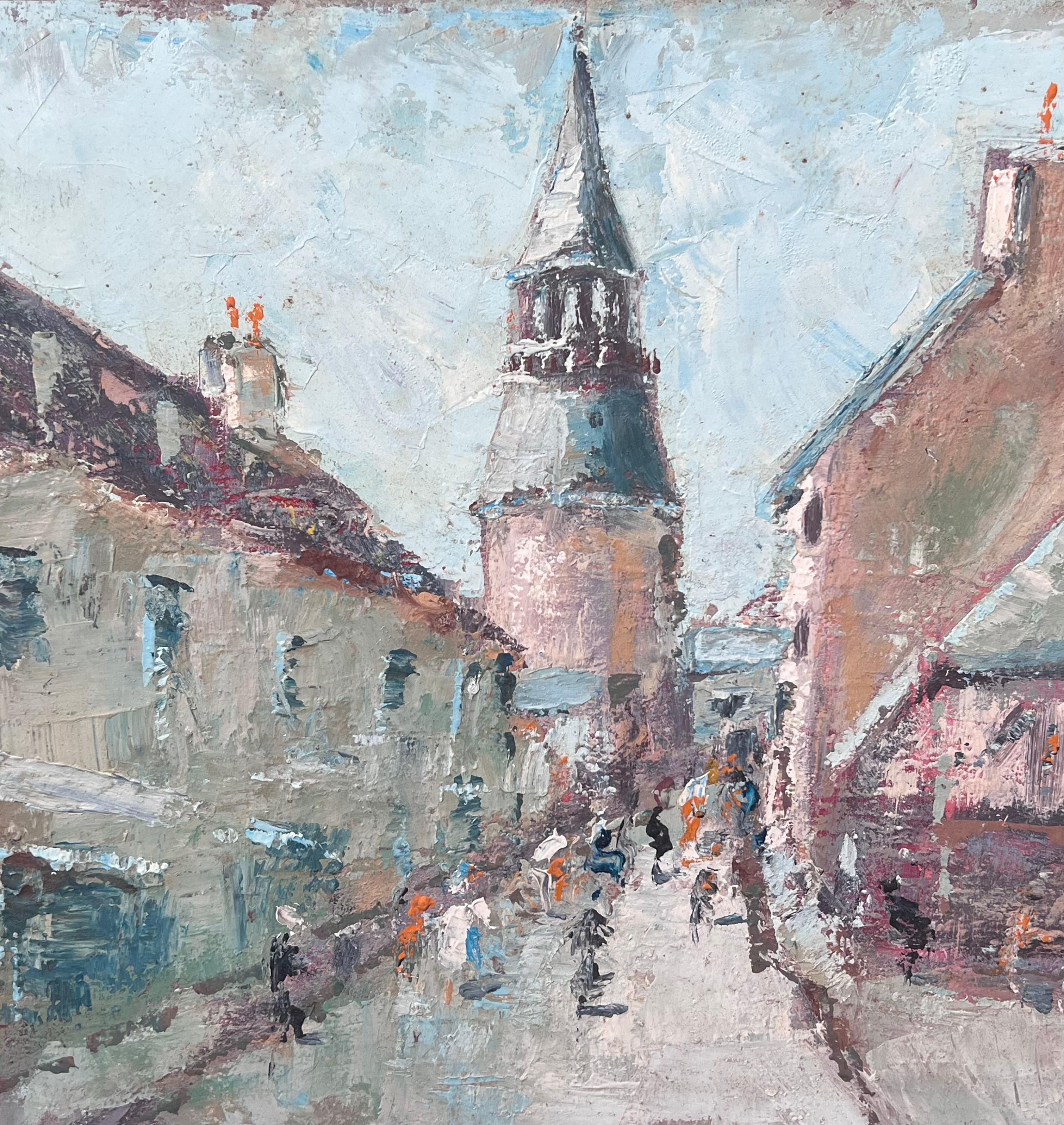 Veduta impressionista di un villaggio francese e di una torre con figure di strada dipinto - Painting di Fanch Lel