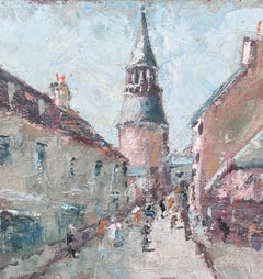Pintura Impresionista Vista de un Pueblo y Torre Franceses con Figuras Callejeras