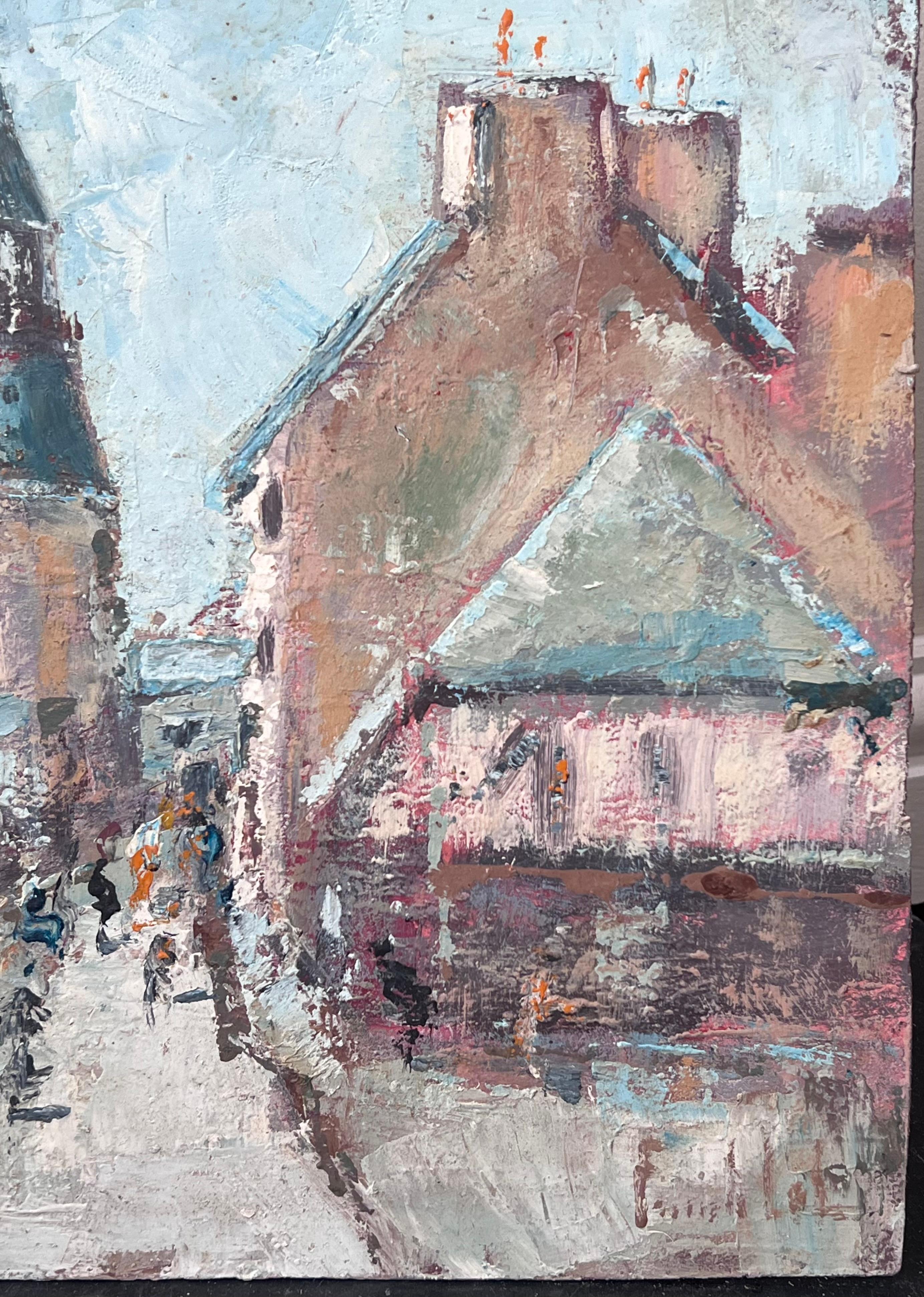 Veduta impressionista di un villaggio francese e di una torre con figure di strada dipinto - Figurative Painting Grigio di Fanch Lel