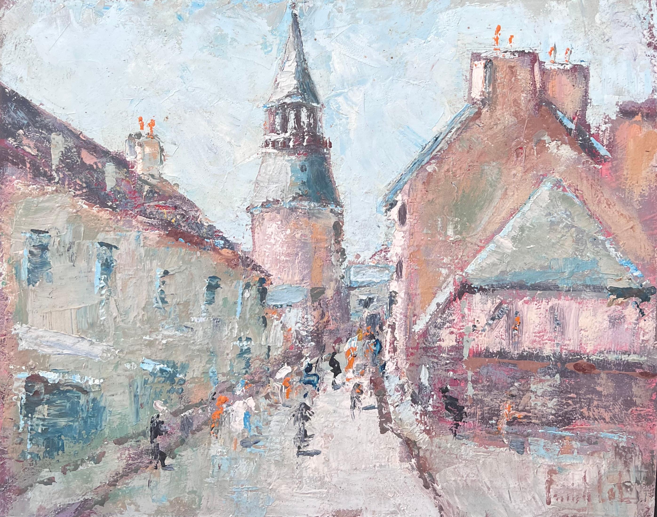 Veduta impressionista di un villaggio francese e di una torre con figure di strada dipinto in vendita 2