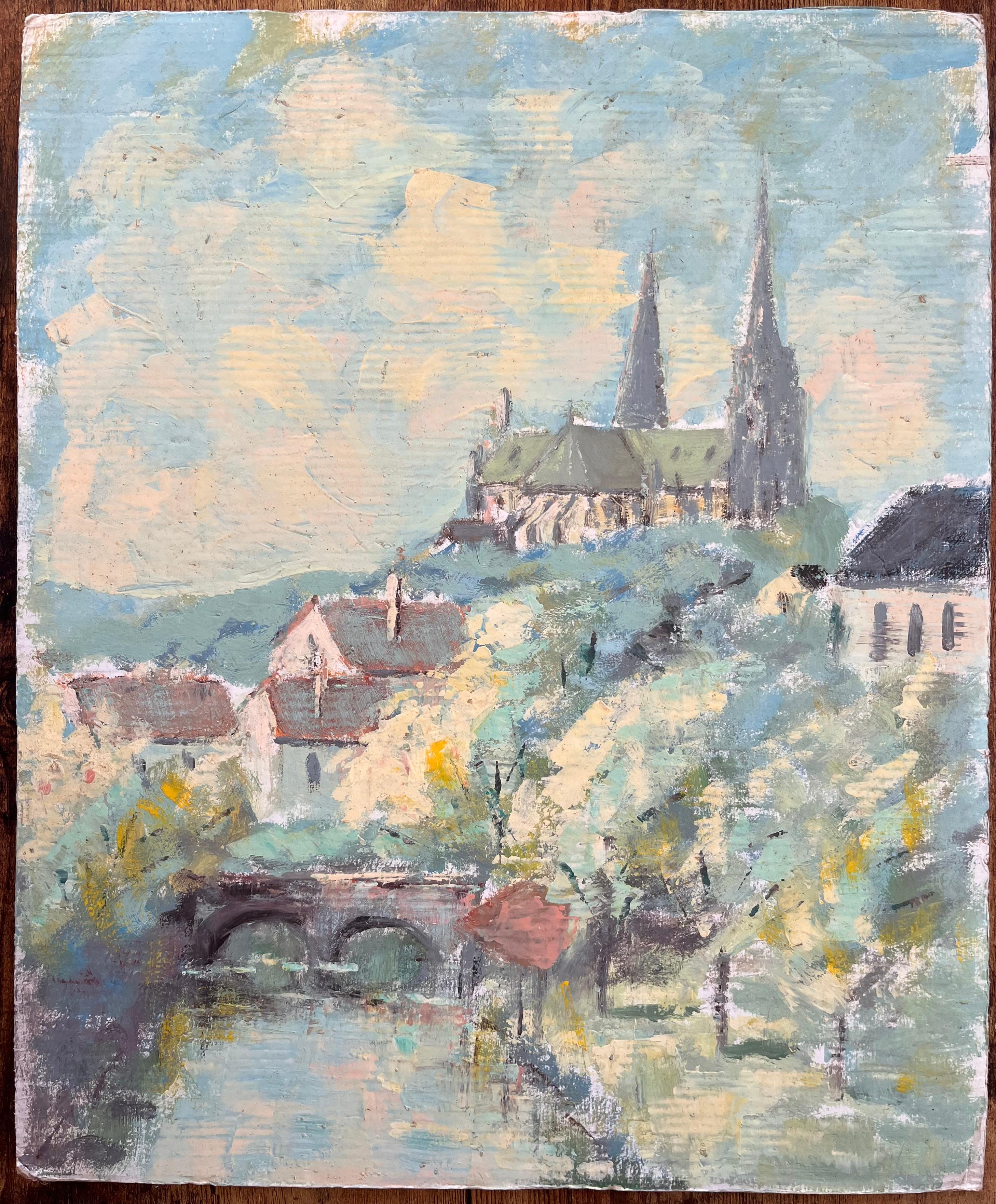 Vue impressionniste de la cathédrale et du pont et du village de Riverside - Painting de Fanch Lel