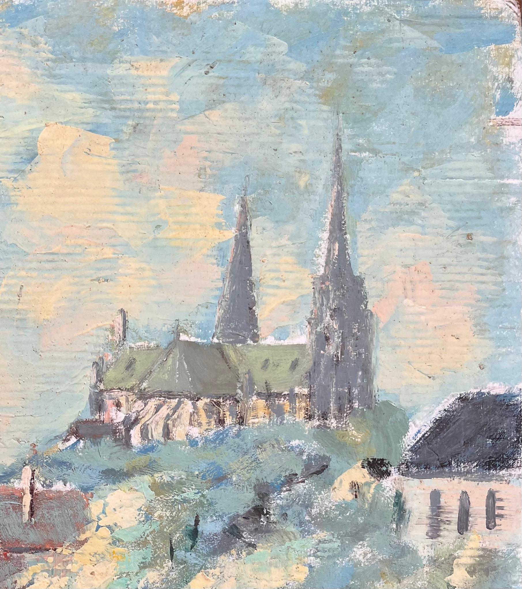 Vue impressionniste de la cathédrale et du pont et du village de Riverside - Impressionnisme Painting par Fanch Lel