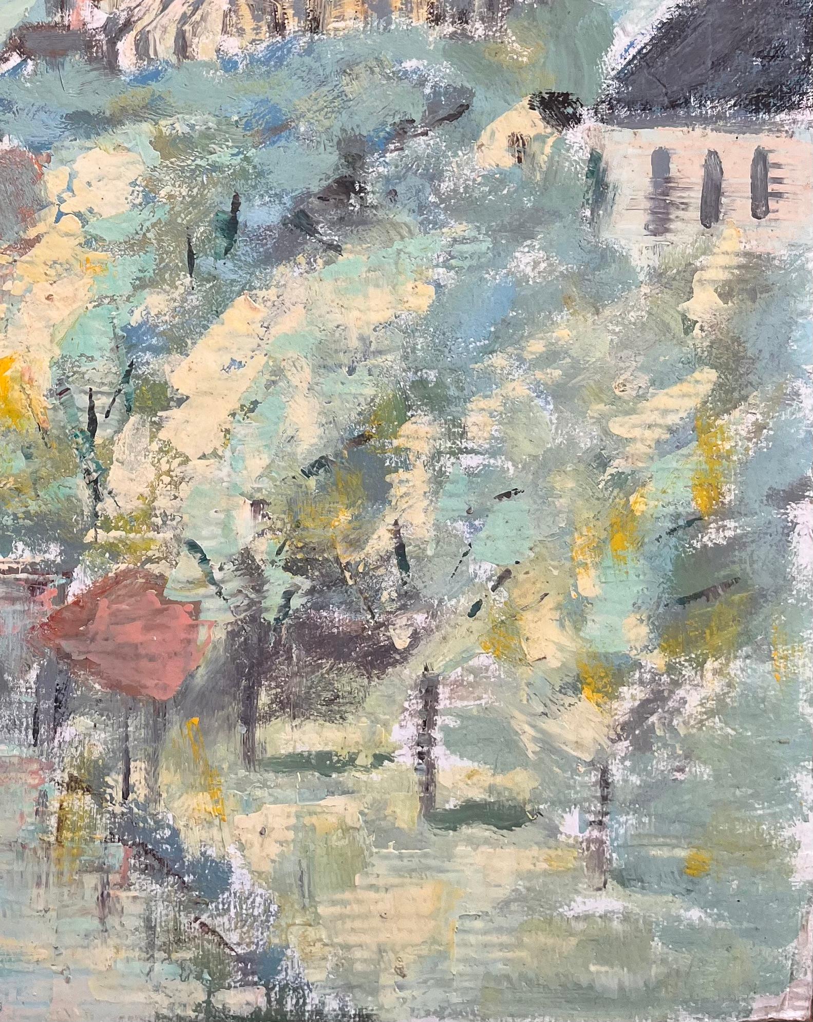 Vue impressionniste de la cathédrale et du pont et du village de Riverside - Gris Abstract Painting par Fanch Lel